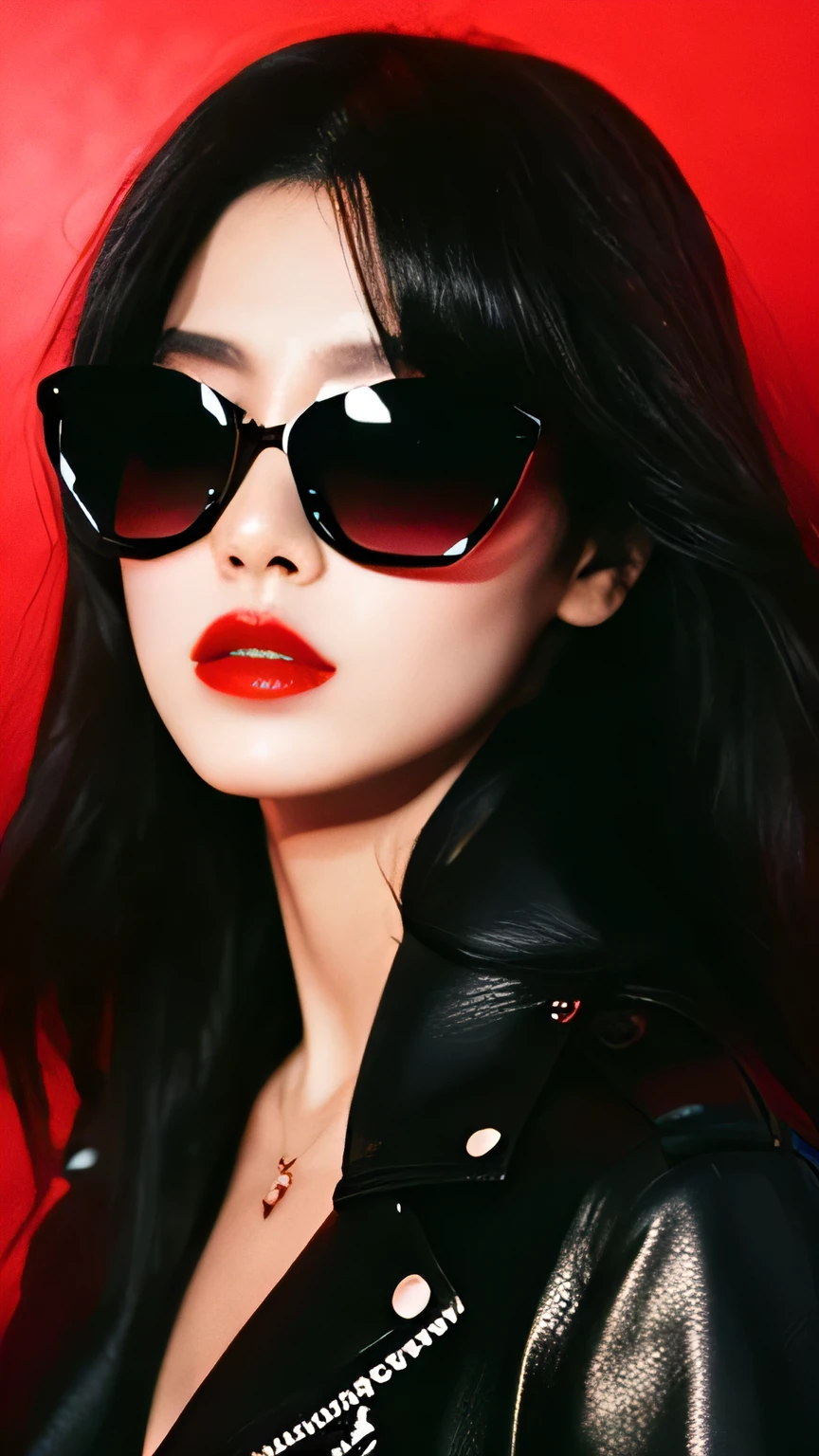 Female, Stylish, Foxy pitch black sunglasses, dark hair, leather jacket, long straight hair, bright red lips, dark background, glaring