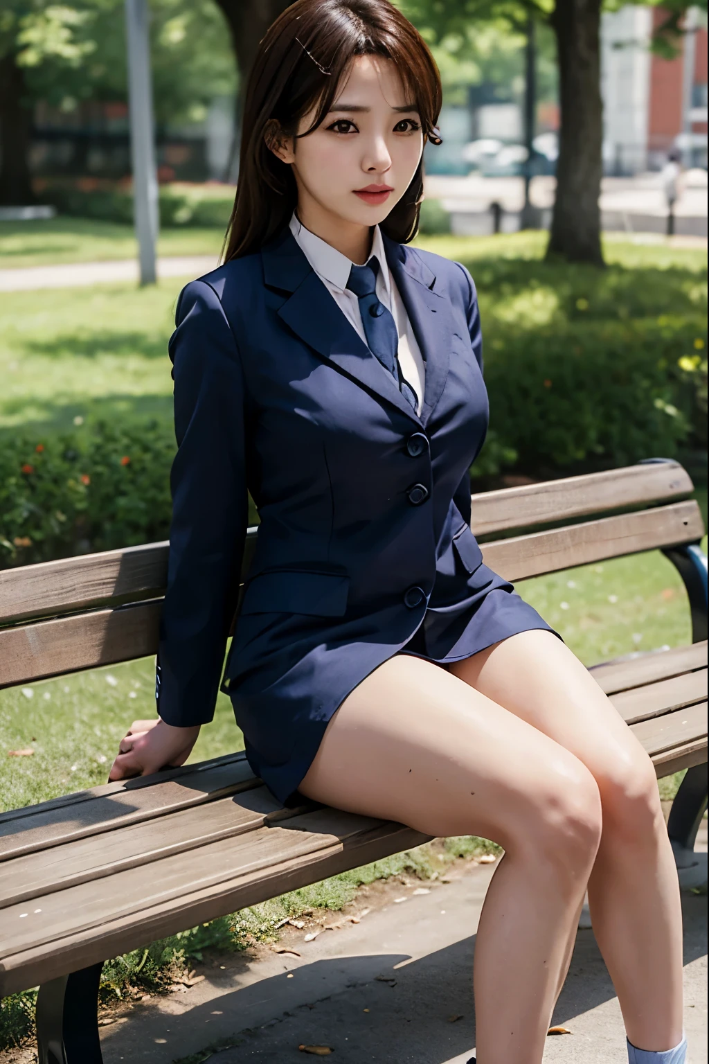 An office lady sitting on a park bench and showing her panties、Beauty、front、Like real life、Highest quality、