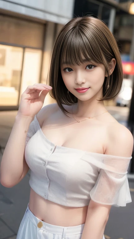 highest quality、Natural Lip、Fair skin、Great light、Beautiful lighting、((Straight hair))、((Short Hair:1.4))、((Black Hair))、Blunt bangs、Off the shoulder、Cleavage、White crop top、mini skirt、Gorgeous Accessories、Harajuku、smile、cute smile、Crowds in the city