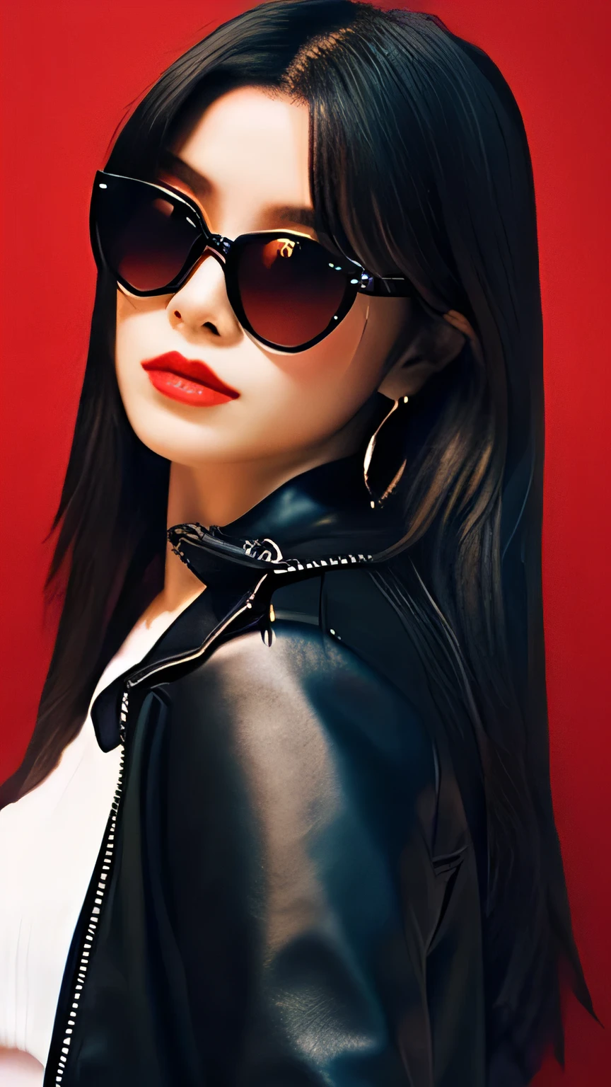 Female, Stylish, Foxy pitch black sunglasses, dark hair, leather jacket, long straight hair, bright red lips, dark background, glaring