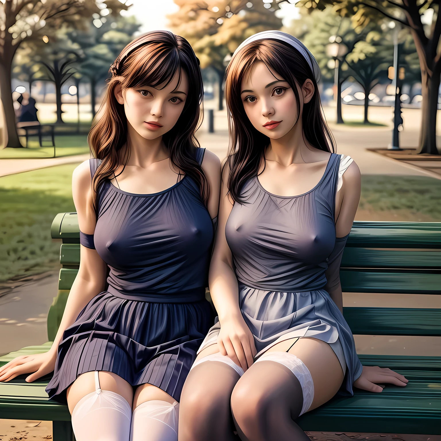 2 mature females, sailor uniform costume, long stocking with garter, sitting on bench at the park, daylight, (covered nipples:0.3), photo, photorealistic, photorealism, covered_erect_nipples, zzmktpzz