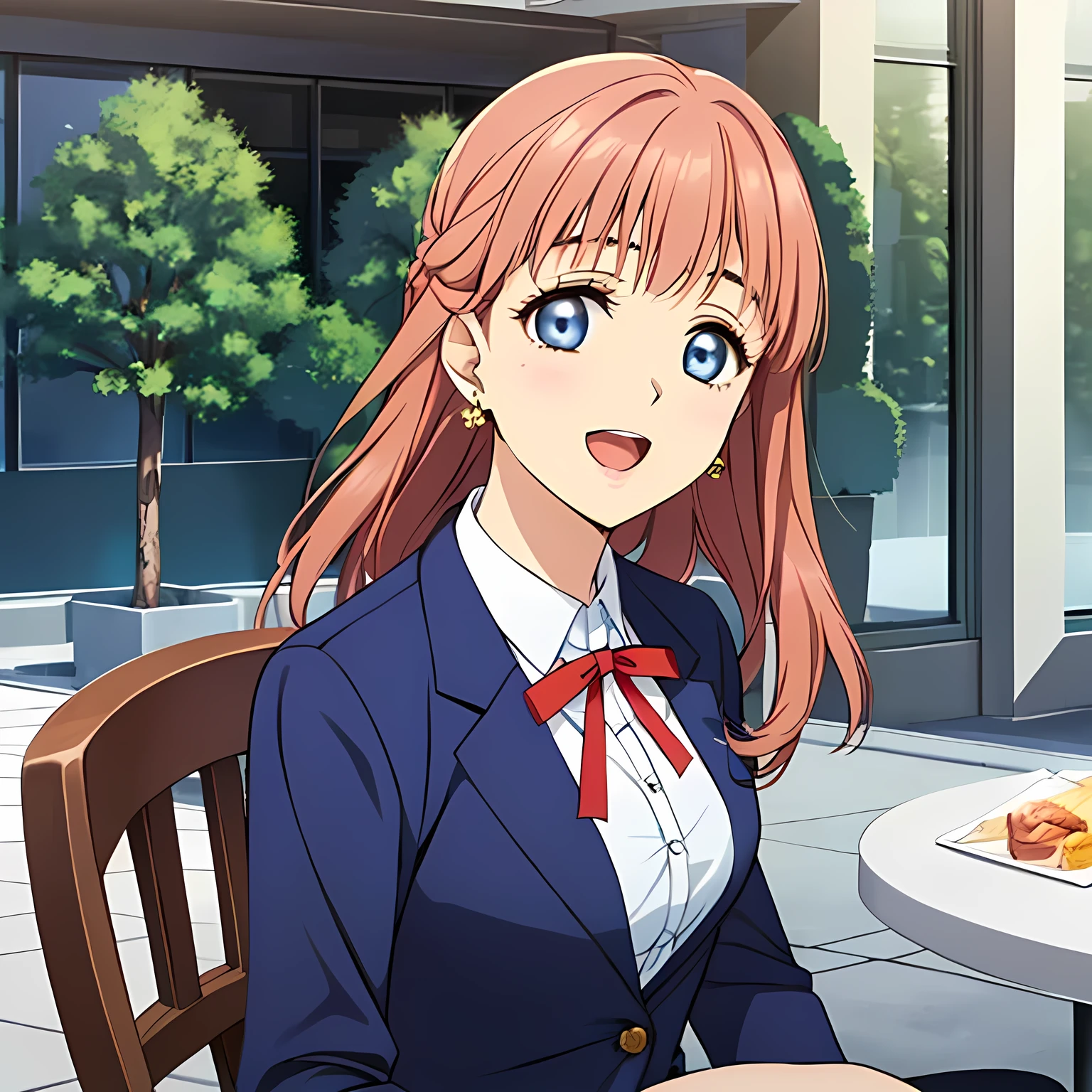 highest quality, (masterpiece:1.2), Very detailed, ((((Game CG)))), ((((A portrait by Renoir of a very noble lady in a , sitting in a chair, in profile.)))), ((The girl everyone loves)), (((((Very beautiful, wavy, long flaxen hair))))), ((((A rough textured dark navy blue blazer)))), ((((An elegant dark navy blue check pleated skirt with a rough texture)))), ((((Very beautiful and shining eyes)))), ((Very long eyelashes)), A big white ribbon on the chest, ((A refined and elegant look like a noble princess)), (((Beautiful and great smile))), ((Small face and great posture)), ((Give the viewer a heavenly feeling of happiness)), (((Blur the background))), ((Very noble and elegant face)), ((Slender and shapely breasts)), (((laughing at me with pity!))), The background is a wall covered in deep green ivy., Gold hair ornament and earrings, ((The elegant, slightly open mouth and glossy lips of an anime heroine)), A strong wind is blowing