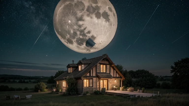 House in the countryside at night with starry sky and fireflies in the grass and bright moon