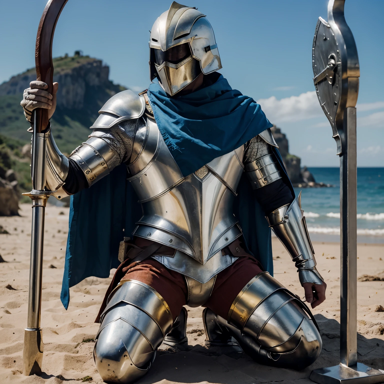 Um joven arqueiro utilizando elmo, armadura, breastplate, luva, boots and cape and his knees are on the ground as he prepares to shoot the arrow the color of his armor is white with gold and blue, ele se encontra em cima de uma montanha, com o mar atras