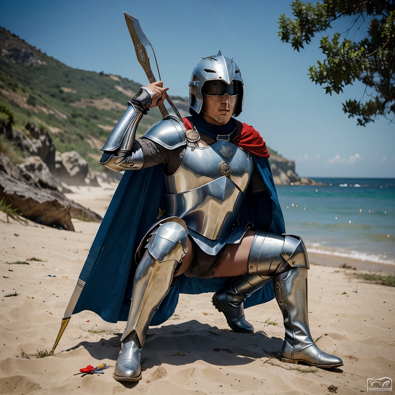 Um joven arqueiro utilizando elmo, armadura, breastplate, luva, boots and cape and his knees are on the ground as he prepares to shoot the arrow the color of his armor is white with gold and blue, ele se encontra em cima de uma montanha, com o mar atras