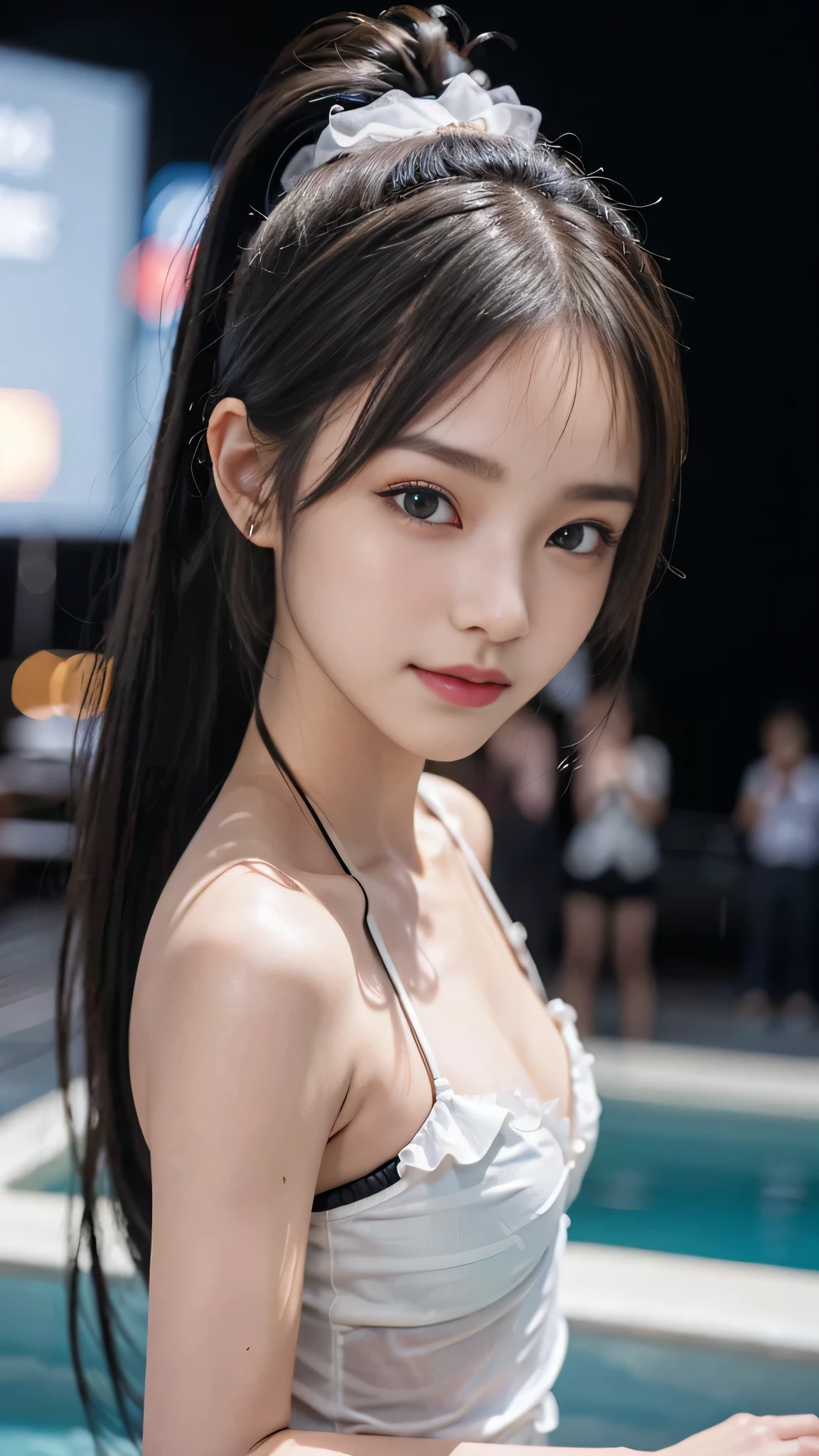 night,It's dark outside,Resort Pool lit up with neon lights at midnight,Ruffled bikini,Close up face,One woman,masutepiece, The highest image quality, High quality, the background is clear,Beautiful woman, Japanese, Detailed, Detailed eyes, Detailed skin, Beautiful skin, 超hight resolution, (reality: 1.4),Very beautiful woman, Slightly younger face, Beautiful skin, slender, (Ultra photo realsisim), (hight resolution), (8K), (Very detailed) (beautifully detailed eyes), (super detailed), (Detailed face), view the viewer, Fine details, Detailed face, Staring straight ahead, Staring straight ahead, photos realistic, Bright lighting, Professional Lighting, Black hair,poneyTail,a baby face,fifteen years old,Hairstyle: ponytail,Long ponytail hairstyle,slight smile,neat and tidy clothing,Beautiful Japanese KPOP idol photo, hair style is ponytail, my eyes are double and wide, baby face, smile and look straight ahead, slender, small breasts,Close up face,