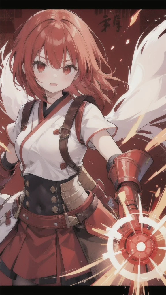 red bob head，red eyes，Red Hanfu armor，Red gauntlets，cockfighting