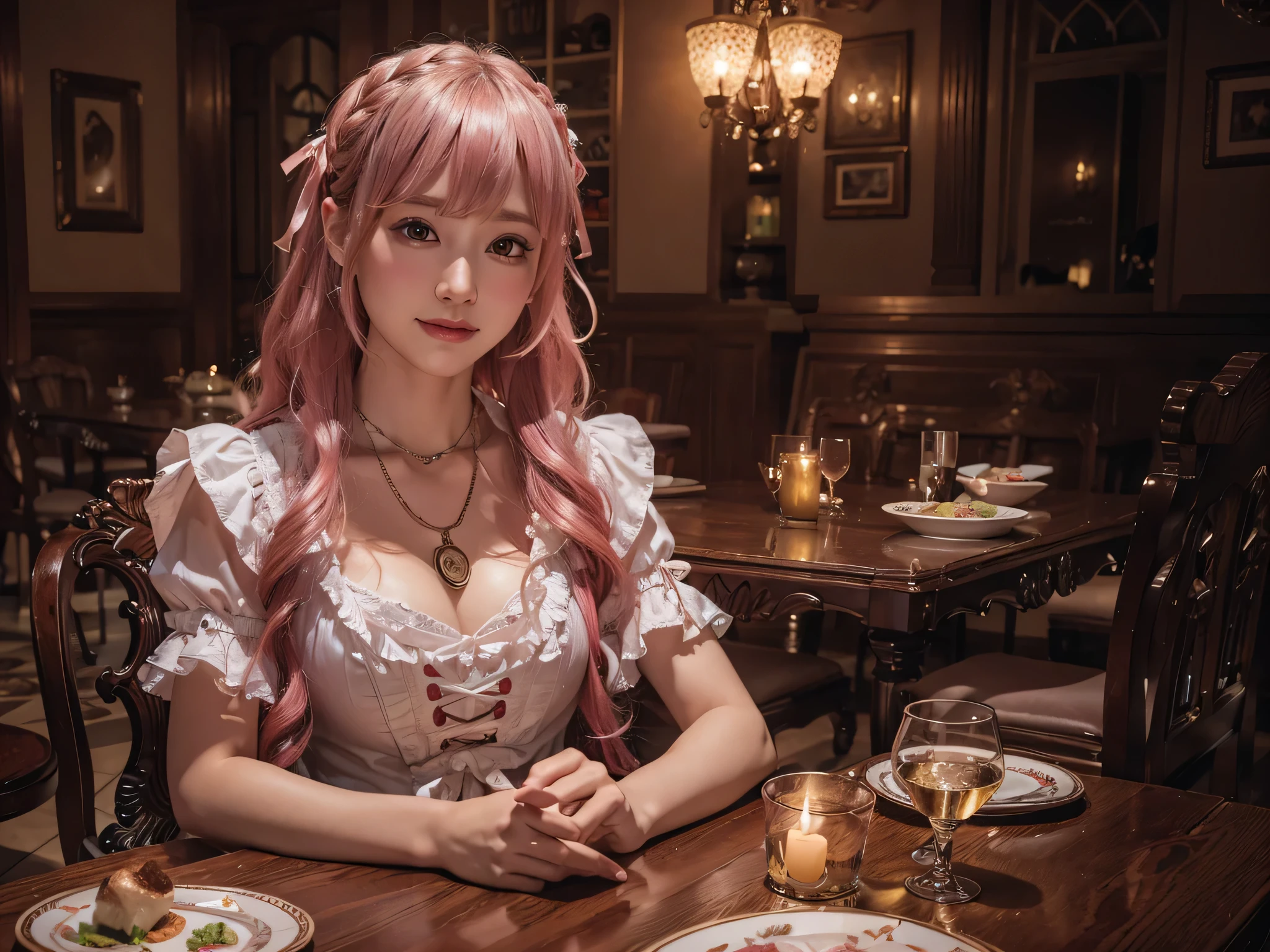 Cute Smile、(Tabletop, highest quality, Tabletop,highest quality,Official Art, 8K wallpapers), girl,Chiquita,Long hair, Pink Hair, Wavy Hair, Small breasts,(Dynamic color lolita outfit), barefoot, Skirt flip,European Restaurant,candlestick,wall,Tableware, (Skins with the highest level of detail: 1,2), (Highest level of detail on the dial:1.2), Front light, night, Warm White Light, Look at the camera,