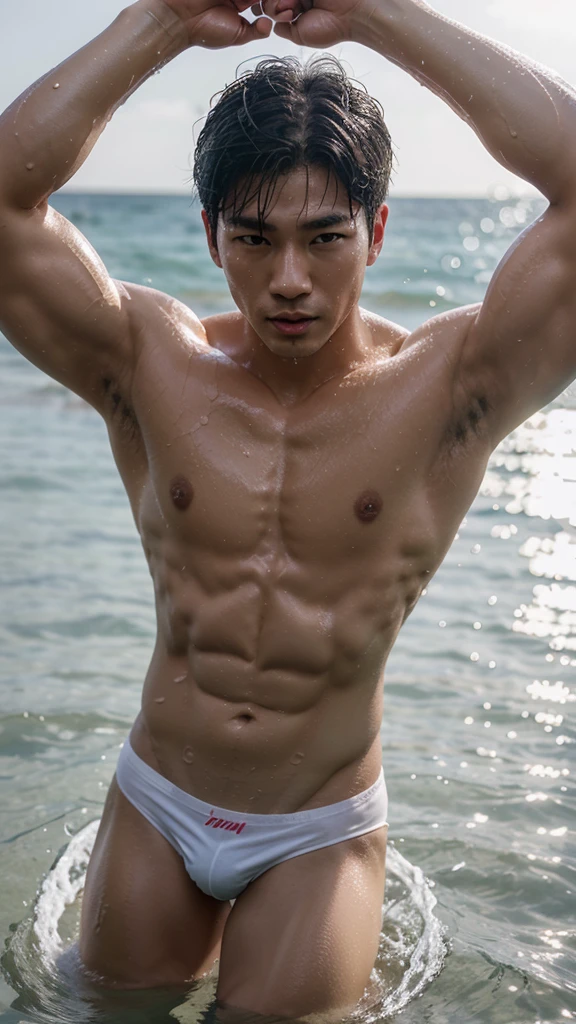korean men, fit, white skin, Have muscles, Six pack, play in the water, Age 20, See-through panties, thin clear plastic, wet