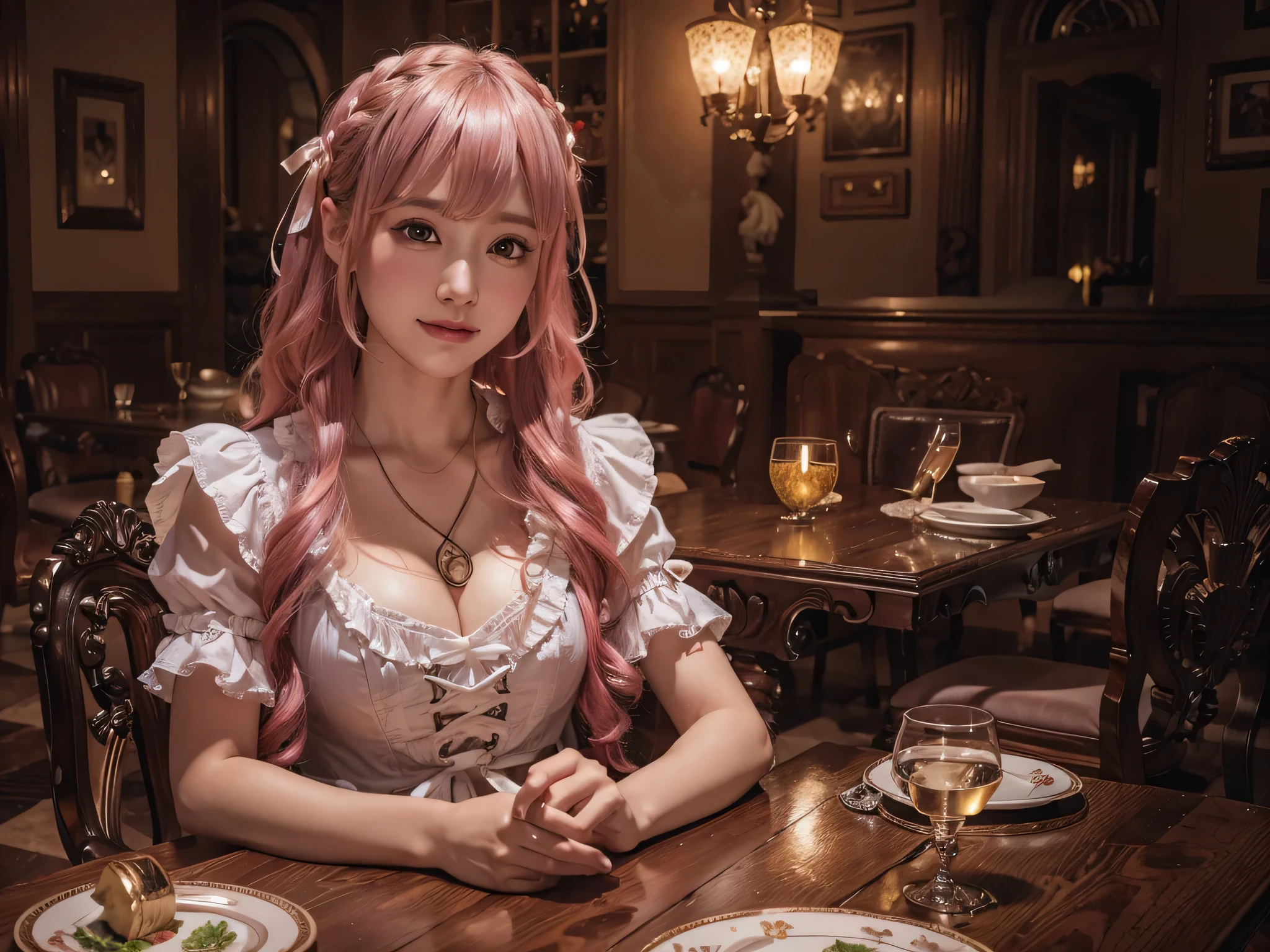 Cute Smile、(Tabletop, highest quality, Tabletop,highest quality,Official Art, 8K wallpapers), girl,Chiquita，Long hair, Pink Hair, Wavy Hair, Small breasts,(Dynamic color lolita outfit), barefoot, Skirt flip,European Restaurant，candlestick，wall，Tableware， (Skins with the highest level of detail: 1,2), (Highest level of detail on the dial:1.2), Front light, night, Warm White Light, Look at the camera,