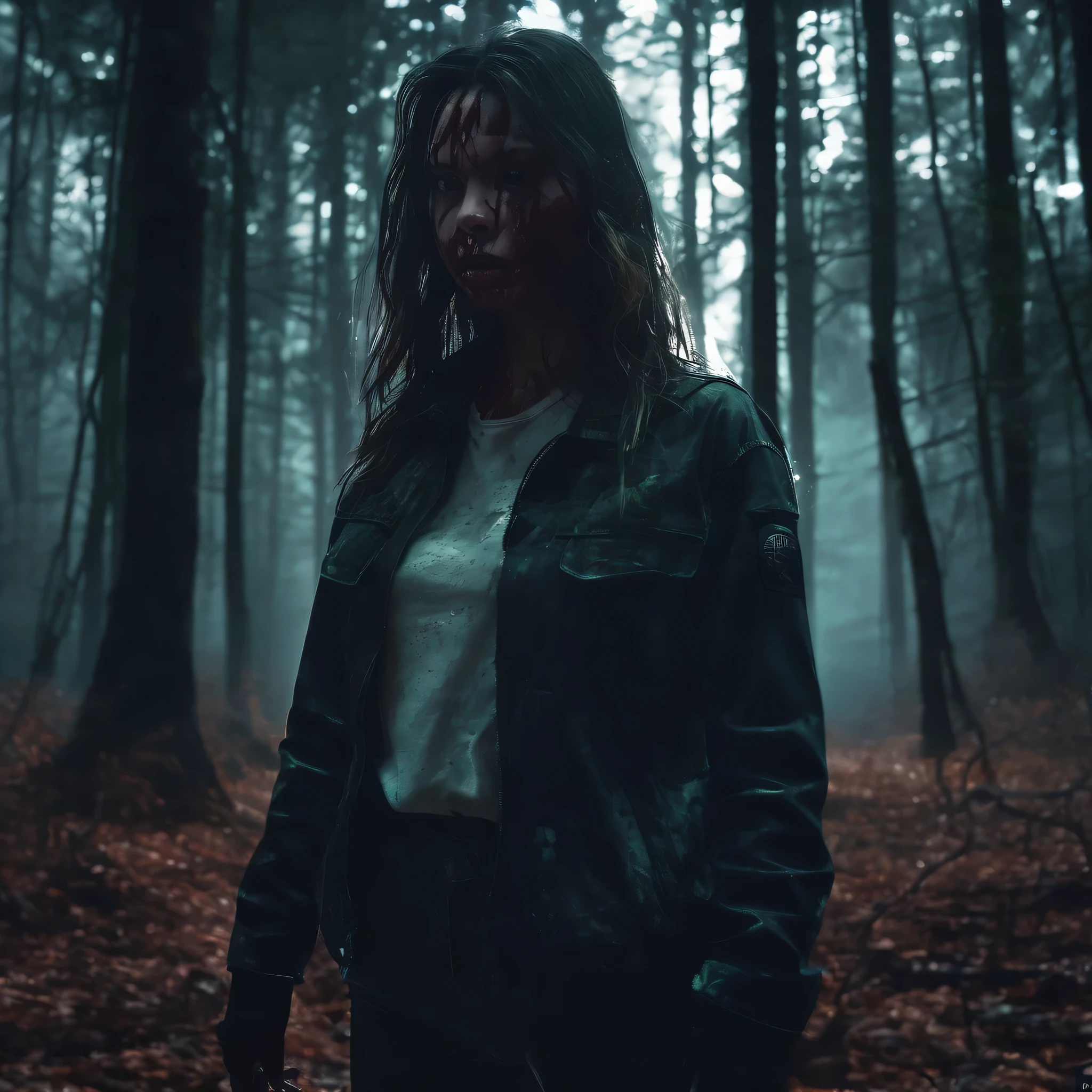 horror scene, knife, outdoors, night time, dark woods, evil woods, gore, glowing eyes, girl, woods, gore, chiaroscuro, cinematic lighting, ray tracing, Ultra-Wide Angle, UHD, masterpiece, textured skin, super detail, best quality, highres, 4K