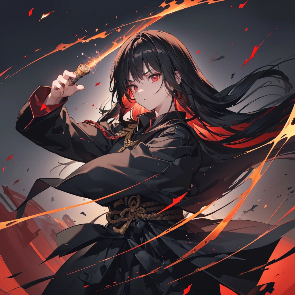 ((blackい髪 Long Hair black Military commander one person Lonely Red Flag Eye patch)) ((night Japanese style old Shining Aura)) (Dance Flame Blade Shining Japan sword Draw your sword Grasp the sword) moon star Draw your sword Slashing Catch the wind print Tense face