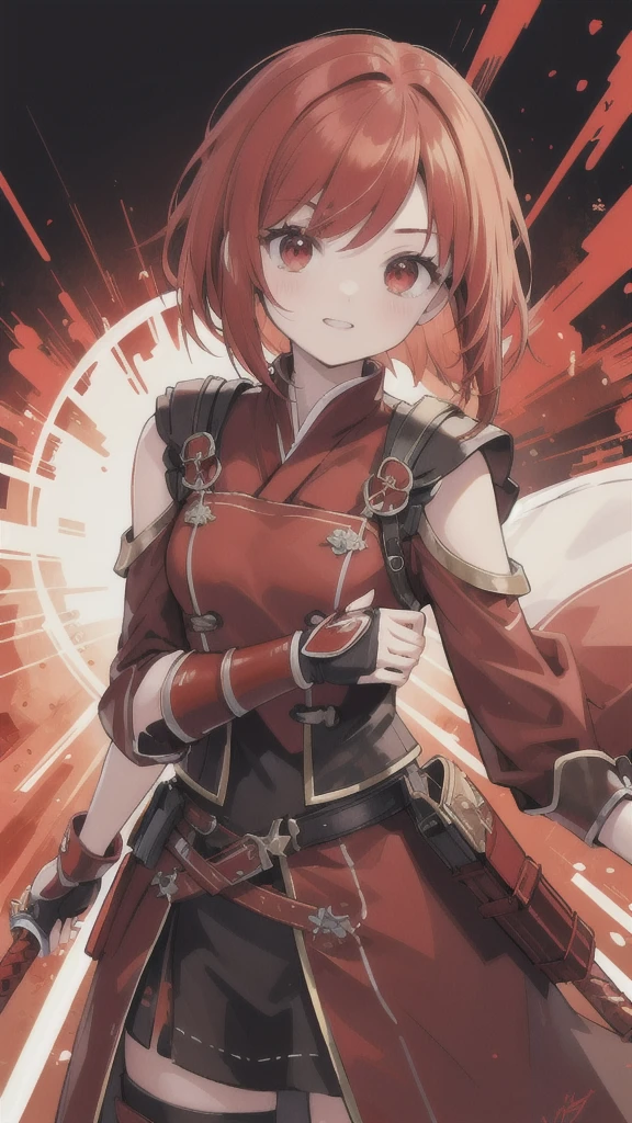 red bob head，red eyes，Red Hanfu armor，Red gauntlets，cockfighting