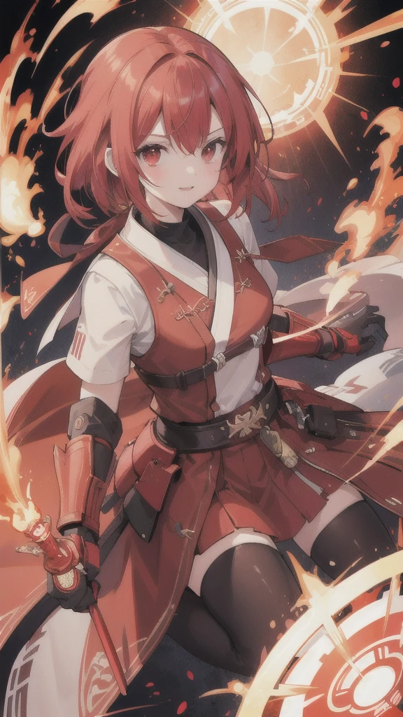red bob head,red eyes,Red Hanfu armor,Red gauntlets,cockfighting