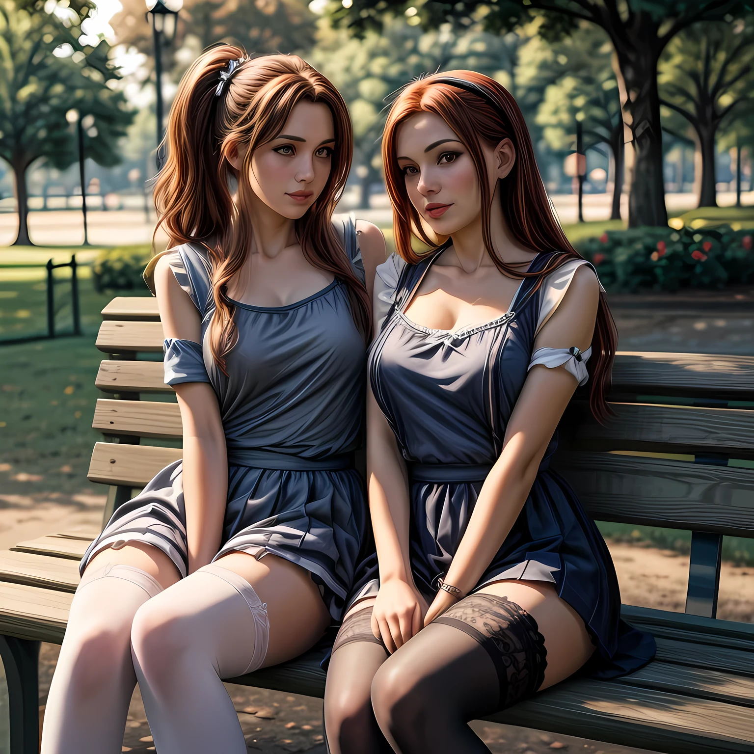 2 mature females, sailor  costume, long stocking with garter, sitting on bench at the park, daylight, (covered nipples:0.3), photo, photorealistic, photorealism, zzmktpzz