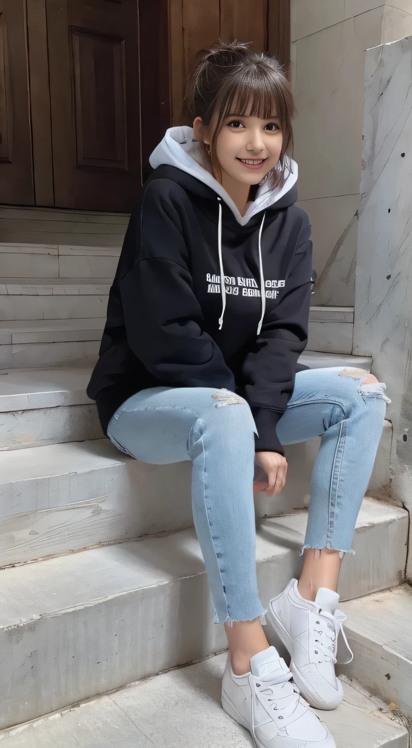 highest quality, Realistic, Very detailed, Finer details, High resolution, 8k wallpaper, One beautiful woman,Sit on the stairs、（Wear black socks）smile、（Beautiful teeth alignment、）（Gums are visible） Oversized hoodie, Skinny jeans,（ Black sneakers）、Black Hair、 Beautiful Bangs、ear piercing、Perfect dynamic composition, Beautiful and detailed, Full Body Shot, A big smile brown hair