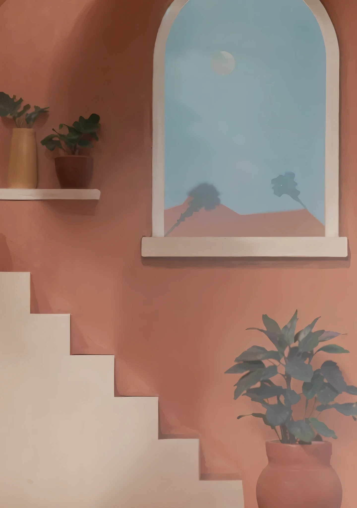 Create a minimalist 2D poster featuring an indoor scene with no shadows. The scene includes the following elements:

On the left side, there is a white staircase with five steps leading upward.
A small red pot with a dark green plant is placed on one of the steps of the staircase.
At the base of the staircase on the right side, there is a larger red pot with a dark green plant.
Above the staircase, there is a warm earthy-toned wall with an arched window.
Through the window, a desert landscape is visible, featuring sand dunes, two small palm trees, and a crescent moon in a blue sky.
On a shelf next to the window, there is a small yellow pot with a dark green plant.
The overall color palette includes shades of terracotta for the walls, white for the stairs and window, dark green for the plants, and light blue for the sky.
The design should have a clean and simple look, focusing on geometric shapes and solid colors, with no shadows to keep the composition flat and minimalist.