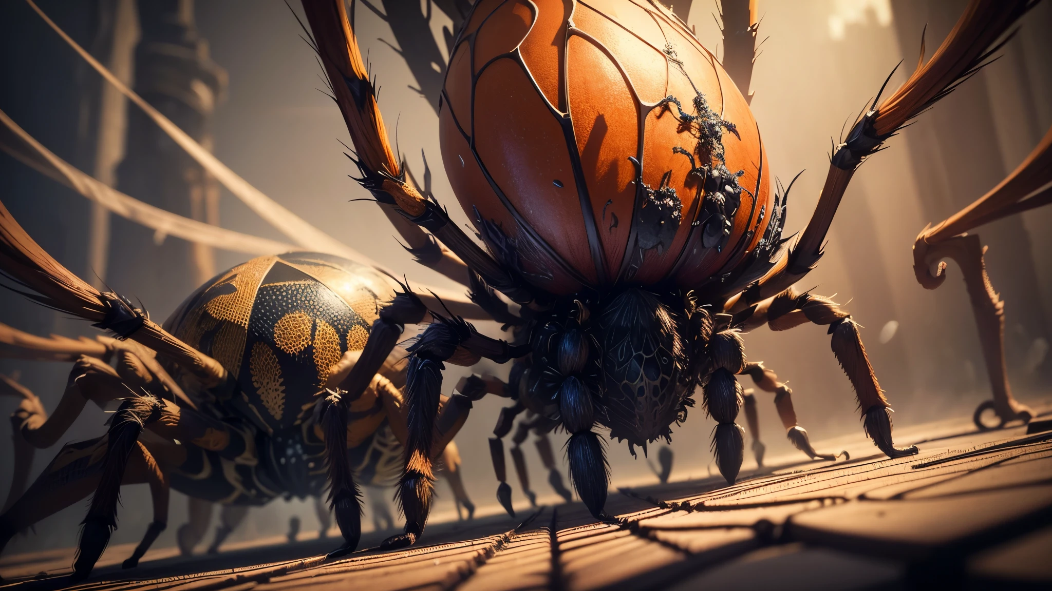 detailed intricate spiders, full detailed structure, spider battle, shadows, lighting, ultra-detailed, 8k, photorealistic, 3d, hyper realistic, complex, dynamic composition, cinematic lighting, dramatic atmosphere, vibrant colors, rich textures, masterpiece