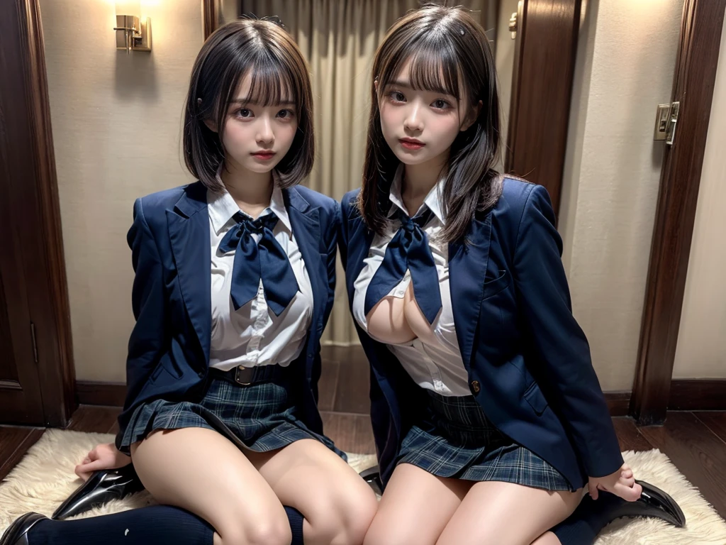 (8K, Raw photography, top-quality, ​masterpiece:1.2), master piece, best quality, illustration, Super detailed, fine details, High resolution, 8K,wall paper, perfect dynamic composition,(Details High quality, realistic depiction of eyes:1.3), ((2 girls, 2 schoolgirls)), The background is a luxury hotel room、High school girl uniform、blazer 、Super Short Check Uniform Skirt、Navy blue high socks、garterbelts、Colossal tits、Disturbed uniform, Play with each other,Touching each other's bodies,Touching the body of the girl next door, short bob hair, black hair color, huge breasts, Big Natural Color Lip, bold sexy pose, (perfect body shape), crying a little、cold gaze,  Beautiful makeup,glitter makeup,Cutest 18 years old, beautiful legs, hposing Gravure Idol, Voluptuous thighs