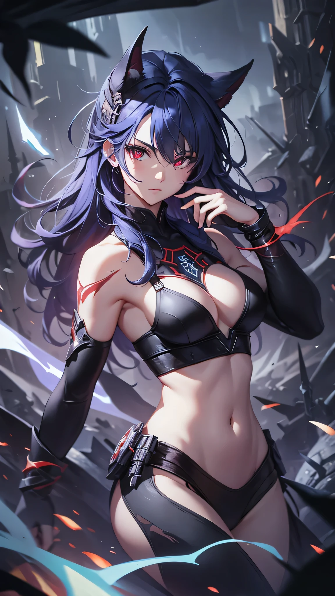 Highest quality、Highest quality、Masterpiece、girl((Age 25、as soon as、Highest Bust、Medium Bust、Wide open chest、Red glowing eyes、Black Ear、Red Mesh、Disheveled Hair、Loincloth、thin、The best valley、Open chest、Luminous Wristbands、hair ornaments、Full body view、Tank top、Black ninja costume、scar、Full body scar、Fighting Pose))、high quality、Beautiful Art、background((night、Ninja World))、flight、Flying Debris、Depth of text、movie、Visual Arts、Perfect Art、8K、Genuine、