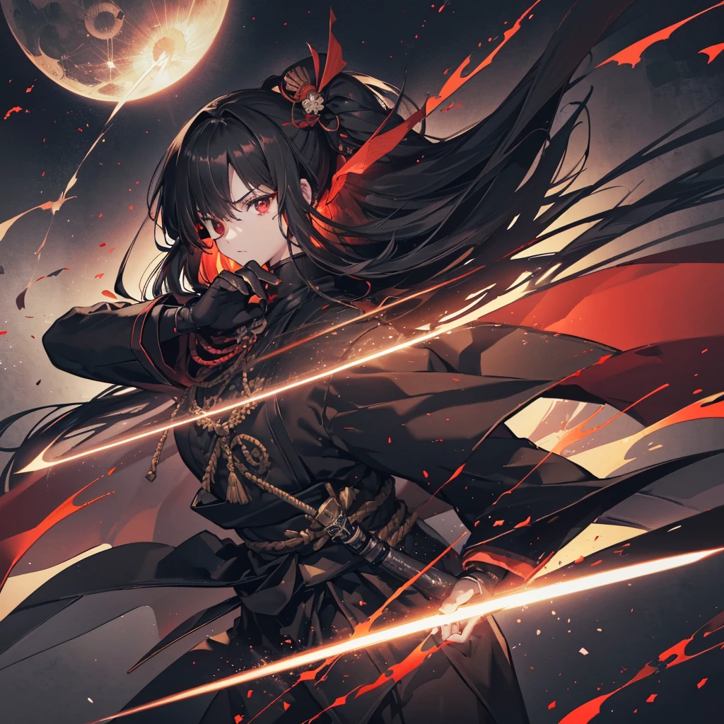 ((blackい髪 Long Hair black Military commander one person Lonely Red Flag Eye patch)) ((night Japanese style old Shining Aura)) (Dance Flame Blade Shining Japan sword Draw your sword Grasp the sword) moon star Draw your sword Slashing Catch the wind print Tense face