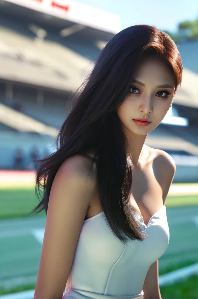 Tzuyu 1, woman, (Realistic), (Hyperrealism), (photoRealistic), Depth of written boundary, eye make up:0.7 (whole body:1.2), (Large Bust),(Tight waist), Watching the audience,In the pits at the racing track, Race Queen, Sexy dress with open shoulders and neckline