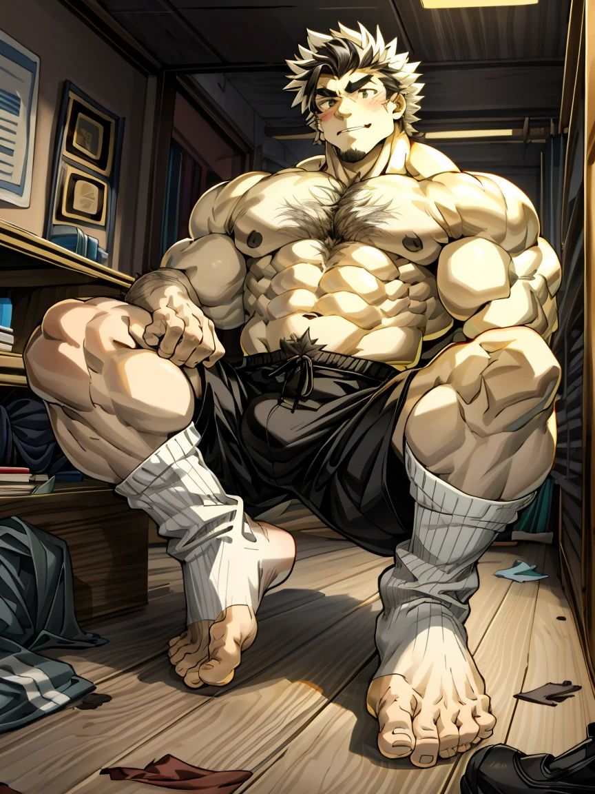 The socks are broken，The tip of the sock is broken by the toe，Leg hair，Muscle male，Chest muscles，muscle，Abdominal muscles，Well-developed muscle，muscle lines，musclestrength，the strong，Robust，Bodybuilding，Black shorts，Boys，juvenile，boy，Single masterpiece, best，Cluttered room，White socks with toes broken，