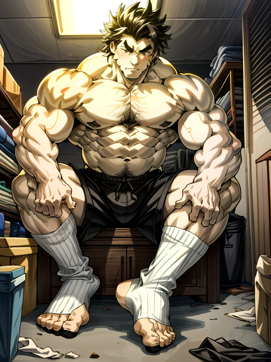 The socks are broken，The tip of the sock is broken by the toe，Leg hair，Muscle male，Chest muscles，muscle，Abdominal muscles，Well-developed muscle，muscle lines，musclestrength，the strong，Robust，Bodybuilding，Black shorts，Boys，juvenile，boy，Single masterpiece, best，Cluttered room，White socks with toes broken，