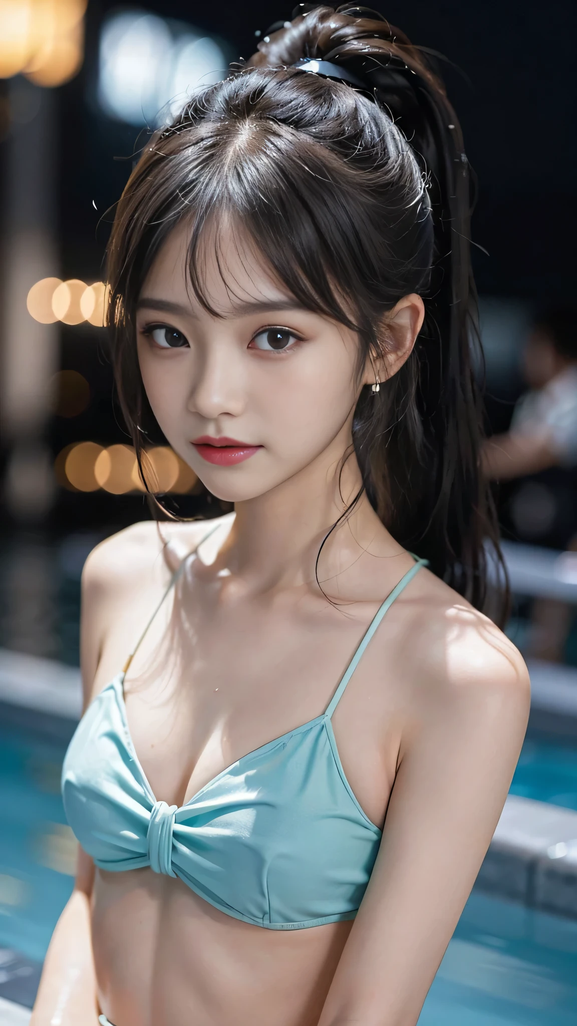 night,It's dark outside,Resort Pool lit up with neon lights at midnight,Ruffled bikini,Close up face,One woman,masutepiece, The highest image quality, High quality, the background is clear,Beautiful woman, Japanese, Detailed, Detailed eyes, Detailed skin, Beautiful skin, 超hight resolution, (reality: 1.4),Very beautiful woman, Slightly younger face, Beautiful skin, slender, (Ultra photo realsisim), (hight resolution), (8K), (Very detailed) (beautifully detailed eyes), (super detailed), (Detailed face), view the viewer, Fine details, Detailed face, Staring straight ahead, Staring straight ahead, photos realistic, Bright lighting, Professional Lighting, Black hair,poneyTail,a baby face,fifteen years old,Hairstyle: ponytail,Long ponytail hairstyle,slight smile,neat and tidy clothing,Beautiful Japanese KPOP idol photo, hair style is ponytail, my eyes are double and wide, baby face, smile and look straight ahead, slender, small breasts,Close up face,