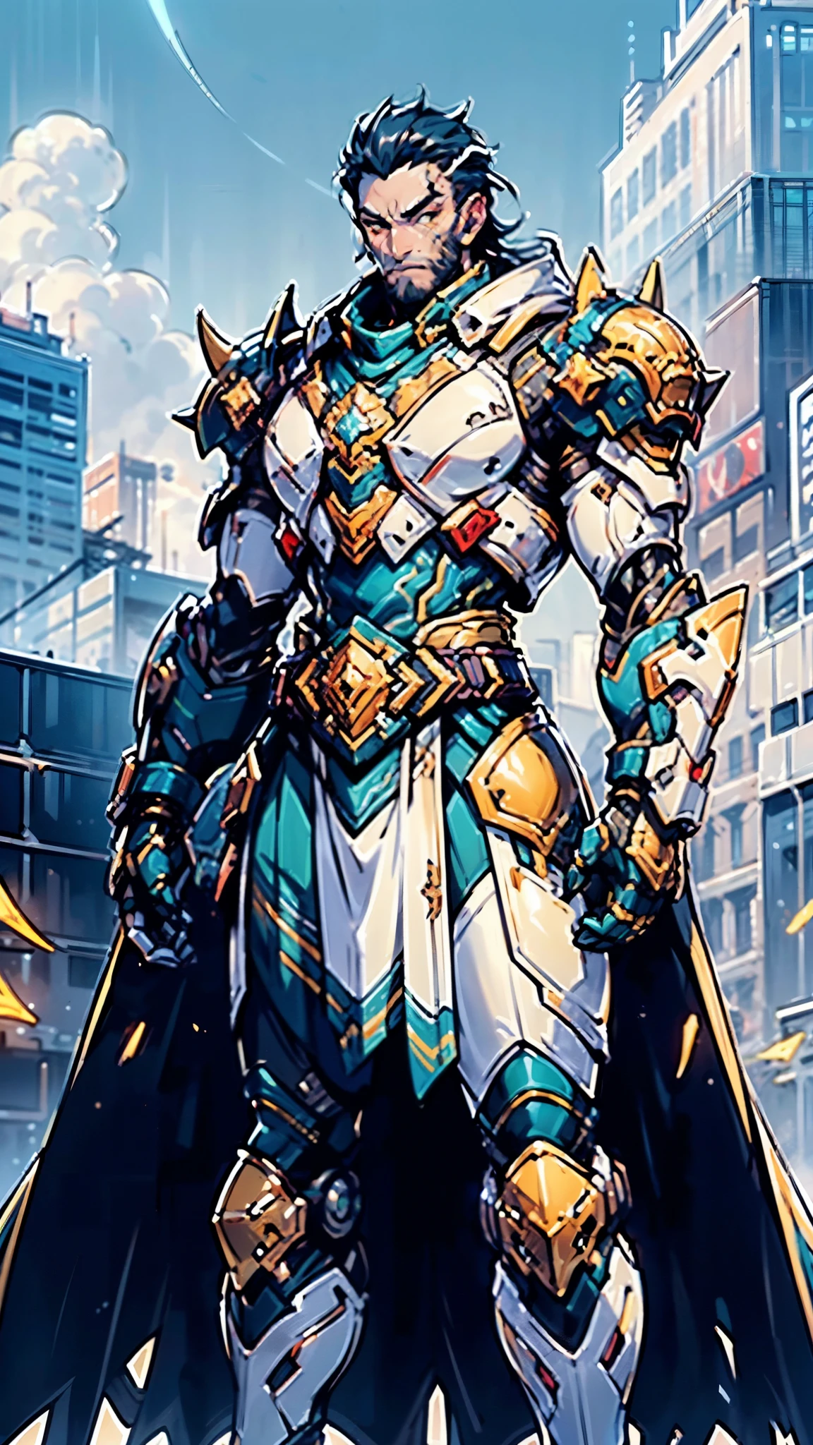 A man wearing a full-face helmet, a fantasy-style biotech armored combat suit, green eyes, (a composite layered chest armor), fully enclosed shoulder guards, matching arm and leg guards, the belt is adorned with cross, (the color scheme is primarily white with golden and blue accents), the design balances heavy with agility, a high-tech bio-mecha armor, (Armor Concept Inspired by Paladin, stand on the top of a skyscraper in a futuristic sci-fi city), this character embodies a finely crafted fantasy-surreal style armored hero in anime style, exquisite and mature manga art style, (battle damage, element, plasma, energy, the armor glows), ((male:1.5)), metallic, real texture material, dramatic, high definition, best quality, highres, ultra-detailed, ultra-fine painting, extremely delicate, professional, perfect body proportions, golden ratio, anatomically correct, symmetrical face, extremely detailed eyes and face, high quality eyes, creativity, RAW photo, UHD, 32k, Natural light, cinematic lighting, masterpiece-anatomy-perfect, masterpiece:1.5