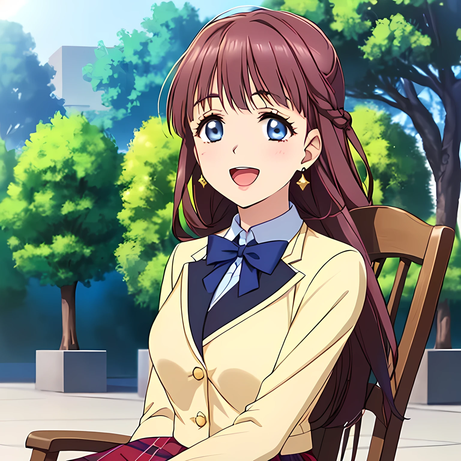 highest quality, (masterpiece:1.2), Very detailed, ((((Game CG)))), ((((A portrait by Renoir of a very noble lady in a , sitting in a chair, in profile.)))), ((The girl everyone loves)), (((((Very beautiful, wavy, long flaxen hair))))), ((((A rough textured dark navy blue blazer)))), ((((A long pleated skirt in an elegant dark navy blue check pattern with a rough texture.)))), ((((Very beautiful and shining eyes)))), ((Very long eyelashes)), A big white ribbon on the chest, ((A refined and elegant look like a noble princess)), (((Beautiful and great smile))), ((Small face and great posture)), ((Give the viewer a heavenly feeling of happiness)), (((Blur the background))), ((Very noble and elegant face)), ((Slender and shapely breasts)), (((laughing at me with pity!))), The background is a wall covered in deep green ivy., Gold hair ornament and earrings, ((The elegant, slightly open mouth and glossy lips of an anime heroine)), A strong wind is blowing