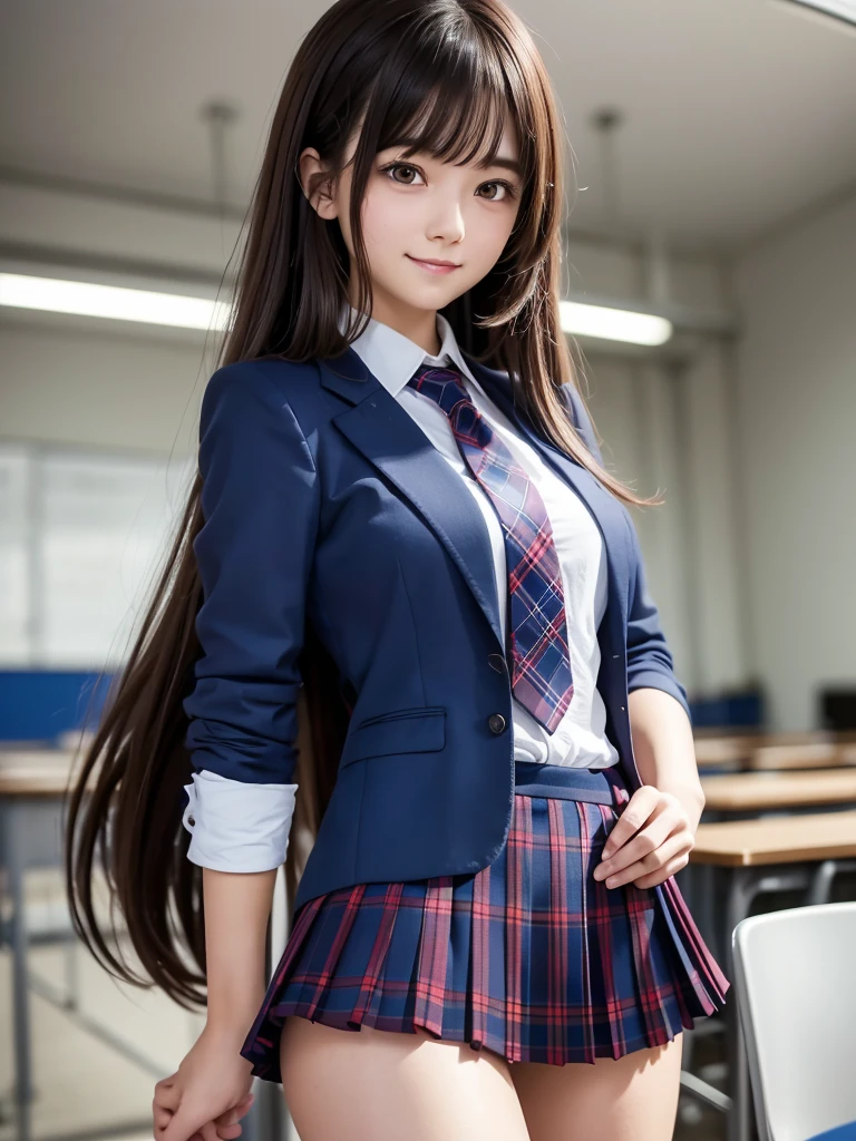 (8k, RAW Photos, highest quality), Stand in the classroom of school, (((((((One woman))))))), ((Brown Hair)), ((Semi-long hair)), ((Detailed eyes)), ((smile)), ((Red tie)), (((Dark blue closed blazer))), (((A blue plaid pleated miniskirt that wraps around the hips))), Asymmetrical bangs, 少しのsmile, Thighs, knees, Random pose，pretty girl，Slender girl