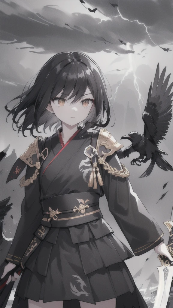 (dark hair,short black hair),(golden eyes),(black hanfu,black armor),(ink black longsword),(ravens),(high contrast,monochrome,black and white),(mystery,ominous),(stormy atmosphere,thunderstorm),(dramatic lighting),(detailed textures),(dynamic pose),(dark background)
