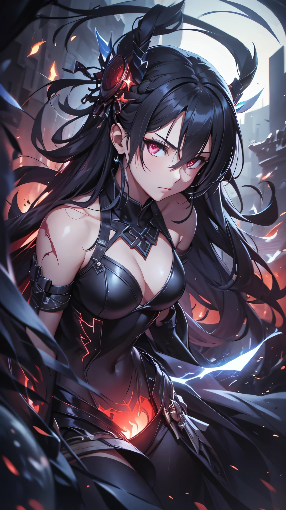 Highest quality、Highest quality、Masterpiece、girl((Age 25、as soon as、Highest Bust、Medium Bust、Wide open chest、Red glowing eyes、Black Ear、Red Mesh、Disheveled Hair、Loincloth、thin、The best valley、Open chest、Luminous Wristbands、hair ornaments、Full body view、Tank top、Black ninja costume、scar、Full body scar、Fighting Pose))、high quality、Beautiful Art、background((night、Ninja World))、flight、Flying Debris、Depth of text、movie、Visual Arts、Perfect Art、8K、Genuine、