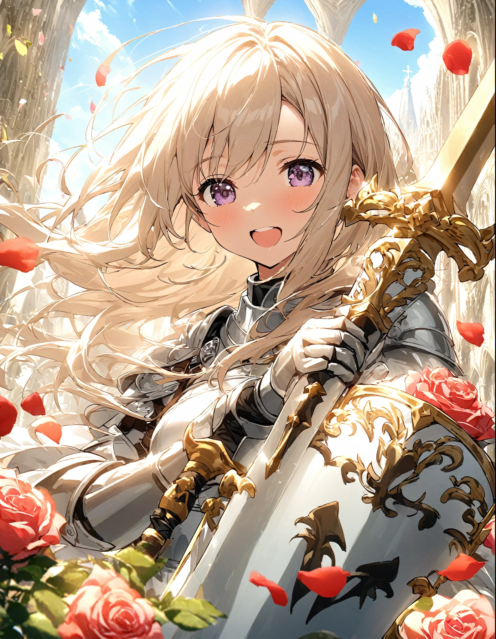 In the center of a church surrounded by roses、Holding a sword。Bright sunlight pours in、Rose petals flying in the wind。There is an atmosphere of celebration around the girl.。Overall, a dynamic piece。((female knight)),(Close-up)、cute