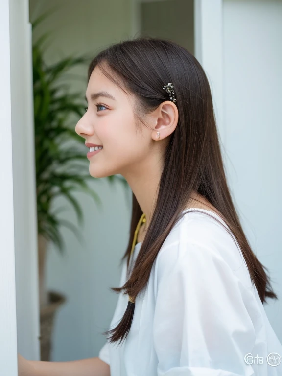 White wall、In front of the white door、(窓のあるWhite wallの部屋)、(8k、Live Shooting、highest quality、masterpiece:1.2)、High-quality RAW color photos、Professional photos、(Genuine、フォトGenuine:1.37)、Photographed in natural light、1 girl、Lazy smile、(Mr..々Pause)、break (Ombre:1.3) 、Spring Clothes、 necklace、(Beautiful profile:1.3)、Don'Don't look at the camera、profile、Shortcuts、((Brown Hair))、short hair、The eye color is dark brown、(Beautiful profile:1.3)、Correct hand of human body、Looking down、Pastel colored clothes