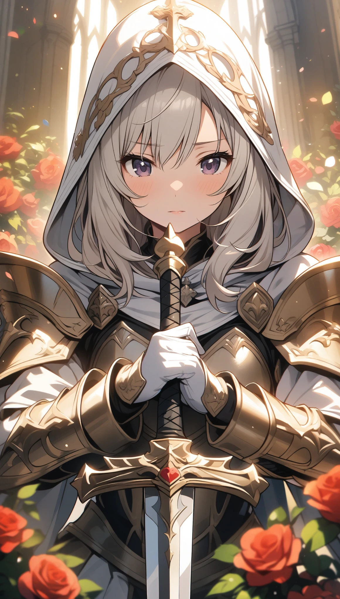 ((Close-up)),Church surrounded by roses、((Hold a sword in both hands)),(female knight)、cute、((White hood、armor))