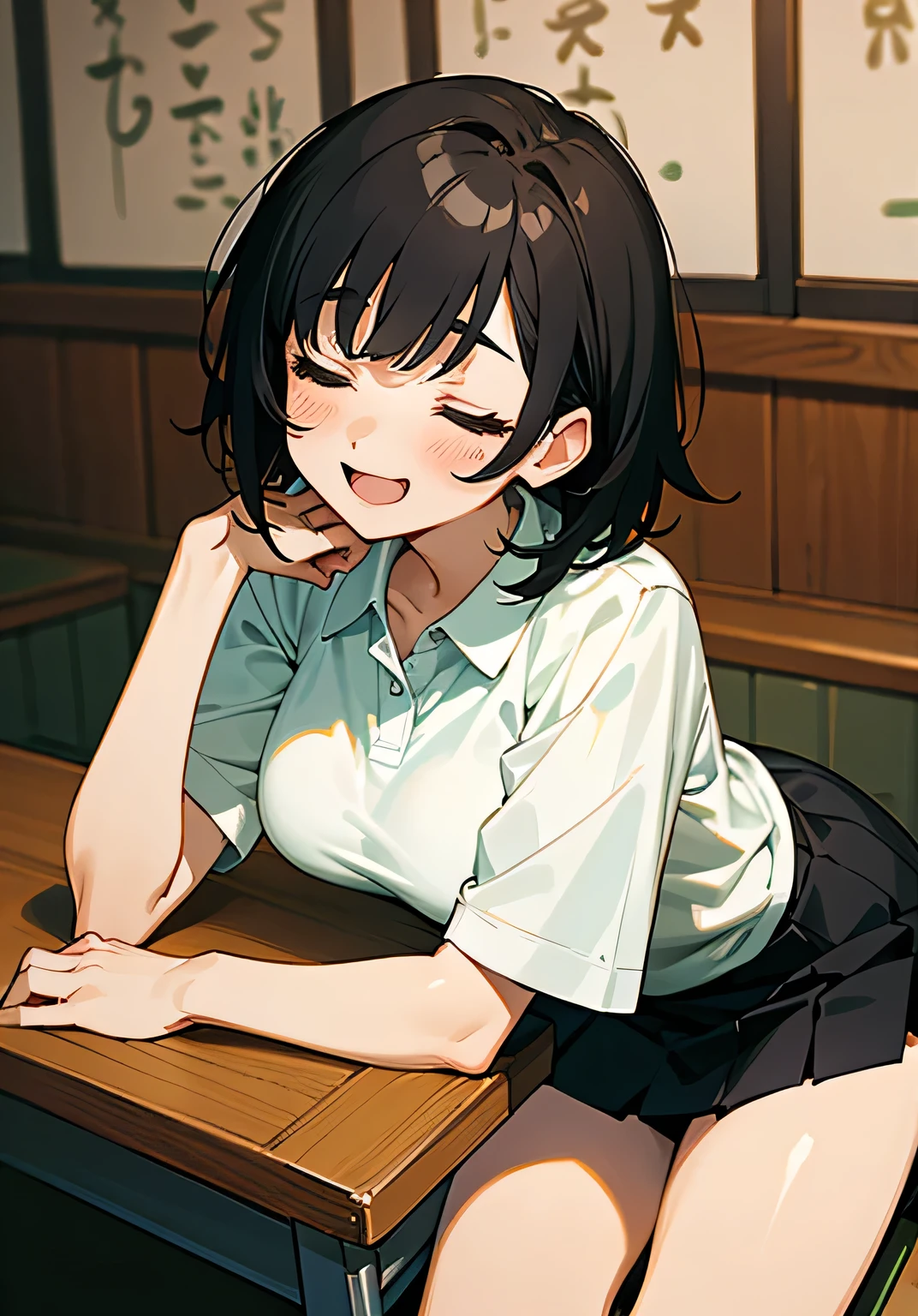 {best quality}、Izakaya、He is lying face down on the desk and looking at me.、Short black hair、Female college student、Big beautiful breasts、Closed eyes、Drunk and flushed face、openmouth、smile、polo shirt、short-skirt、Sitting、cowboy shot
