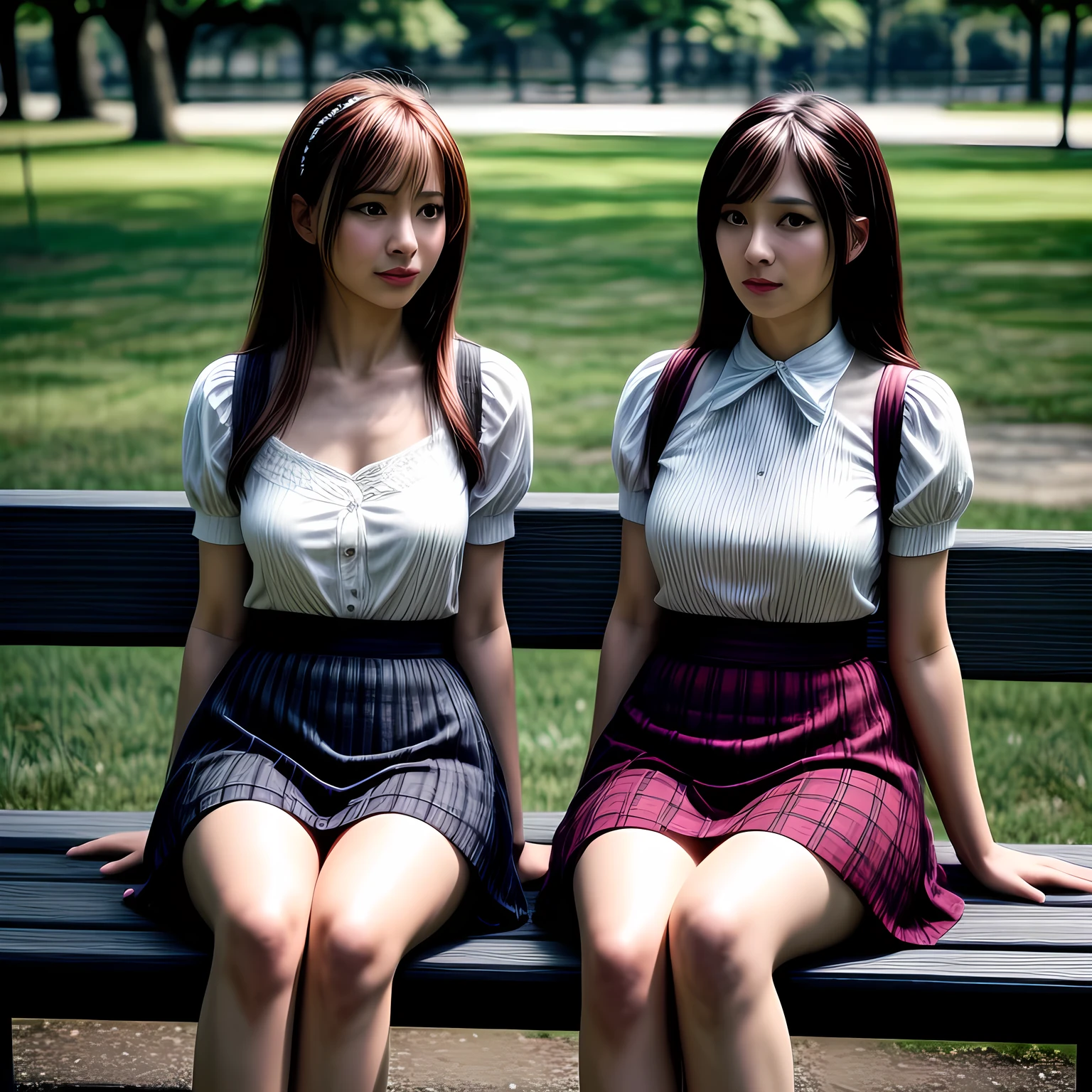 2 mature females, short skirts, long stocking with garter, sitting on bench at the park, daylight, (covered nipples:0.3), photo, photorealistic, photorealism, covered_erect_nipples,