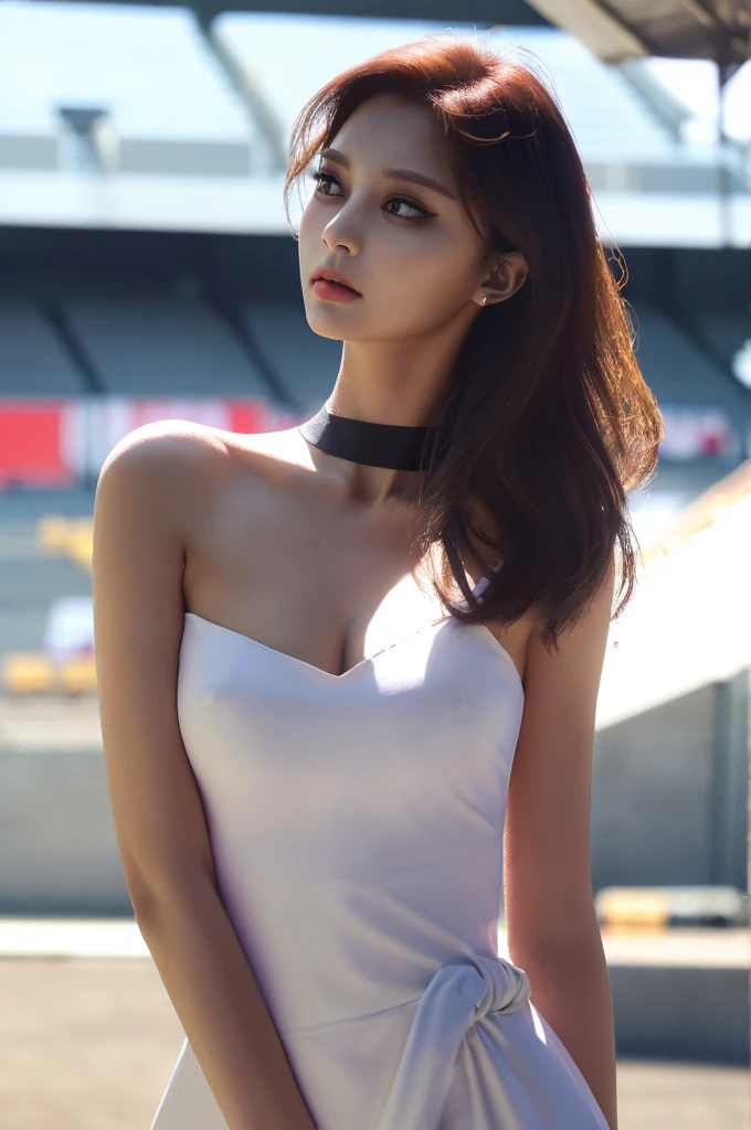 Tzuyu 1, woman, (Realistic), (Hyperrealism), (photoRealistic), Depth of written boundary, eye make up:0.7 (whole body:1.2), (Large Bust),(Tight waist), Watching the audience,In the pits at the racing track, Race Queen, Sexy dress with open shoulders and neckline