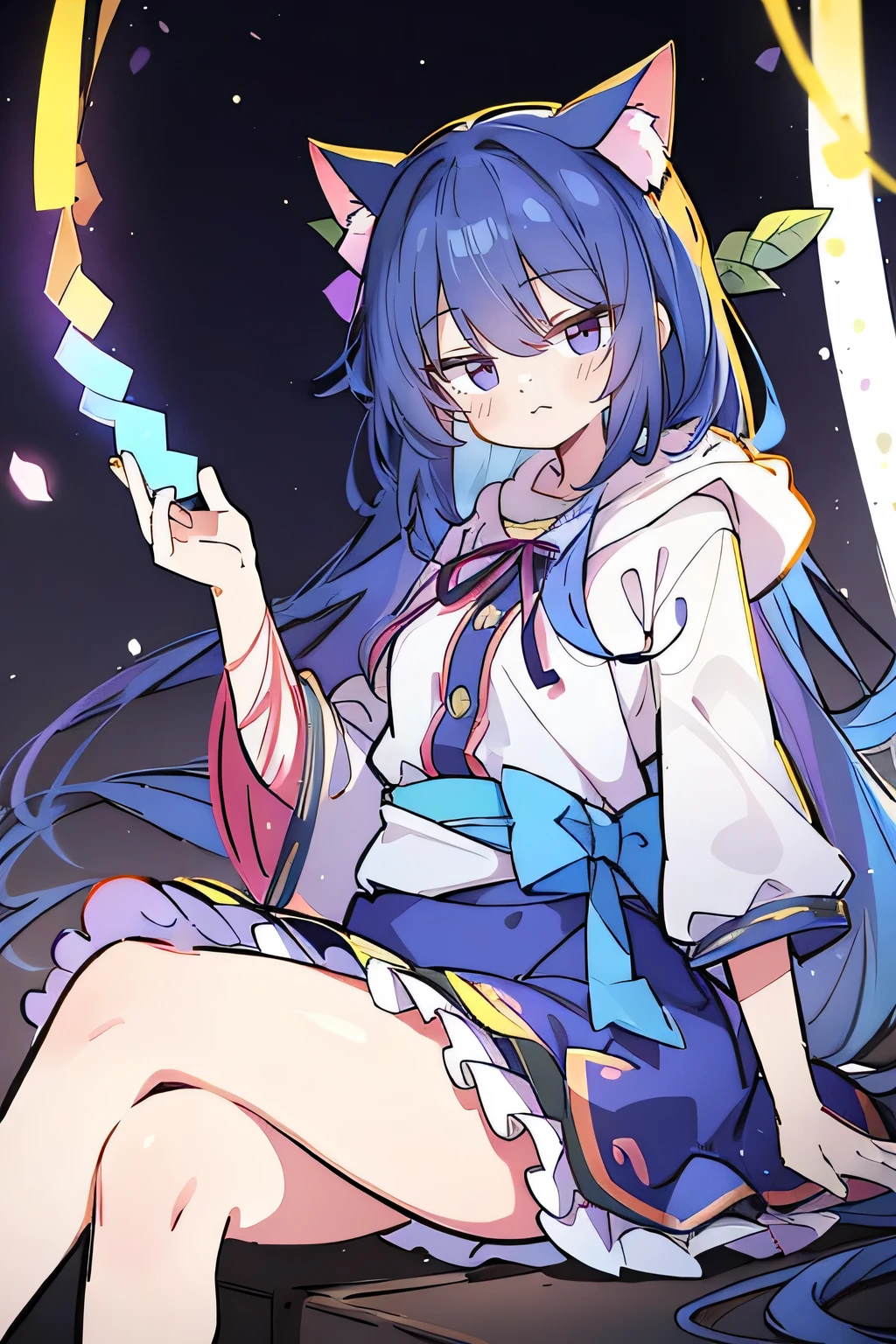 A masterpiece, super detailed, lifelike, expressive eyes, fair skin, perfect face shape, 1 girl, Japanese comics, gorgeous blue flowing hair, flowing clothes, cat ears, petals fall, beautiful loli, baby angel, crossed legs, gentle and peaceful background, the pavilion is cool and comfortable, smiling, wearing a hoodie, background of Tokyo, back views, snowing, winter