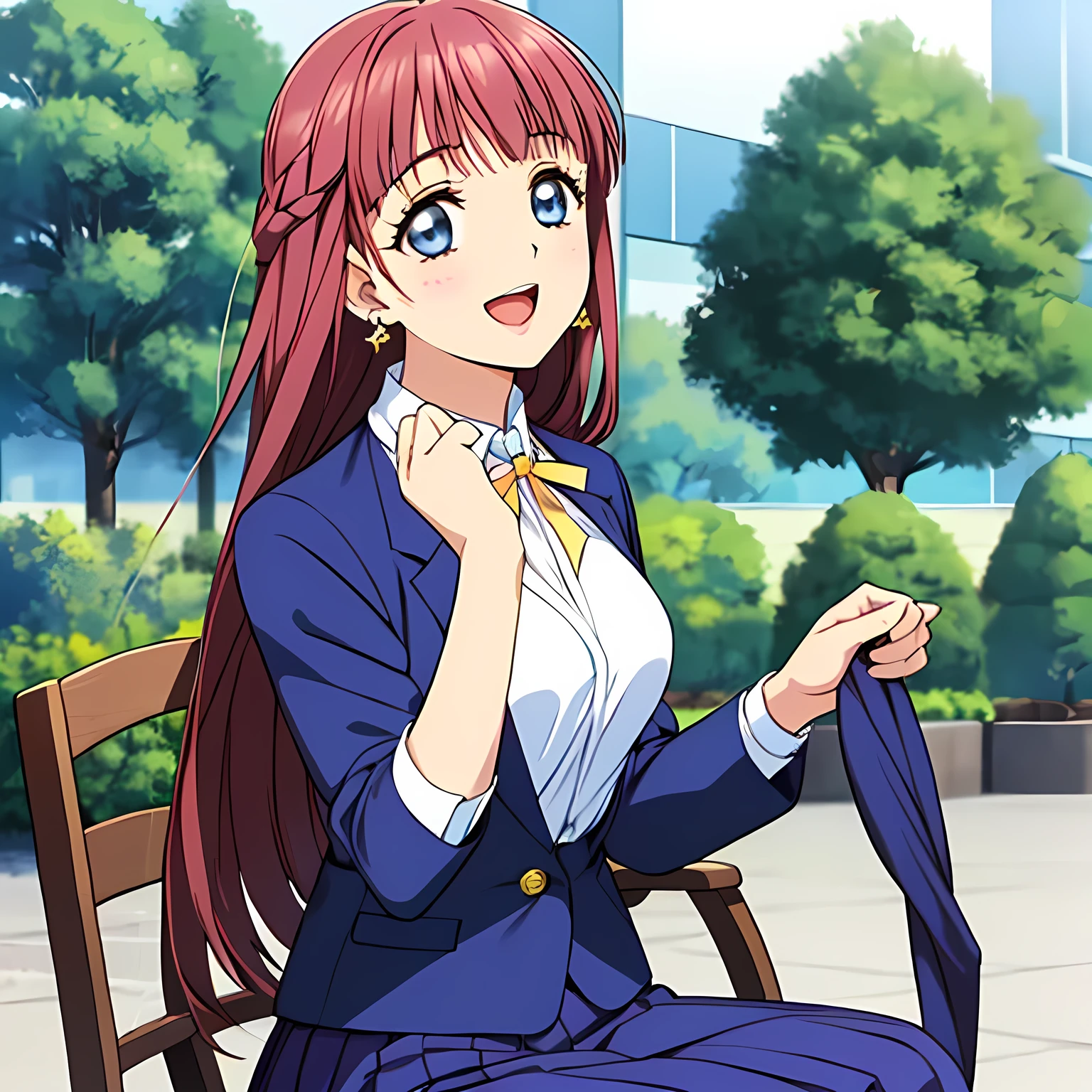 highest quality, (masterpiece:1.2), Very detailed, ((((Game CG)))), ((((A portrait by Renoir of a very noble lady in a , sitting in a chair, in profile.)))), ((The girl everyone loves)), (((((Very beautiful, wavy, long flaxen hair))))), ((((A rough textured dark navy blue blazer)))), ((((A long pleated skirt in an elegant dark navy blue check pattern with a rough texture.)))), ((((Very beautiful and shining eyes)))), ((Very long eyelashes)), A big white ribbon on the chest, ((A refined and elegant look like a noble princess)), (((Beautiful and great smile))), ((Small face and great posture)), ((Give the viewer a heavenly feeling of happiness)), (((Blur the background))), ((Very noble and elegant face)), ((Slender and shapely breasts)), (((laughing at me with pity!))), The background is a wall covered in deep green ivy., Gold hair ornament and earrings, ((The elegant, slightly open mouth and glossy lips of an anime heroine)), A strong wind is blowing
