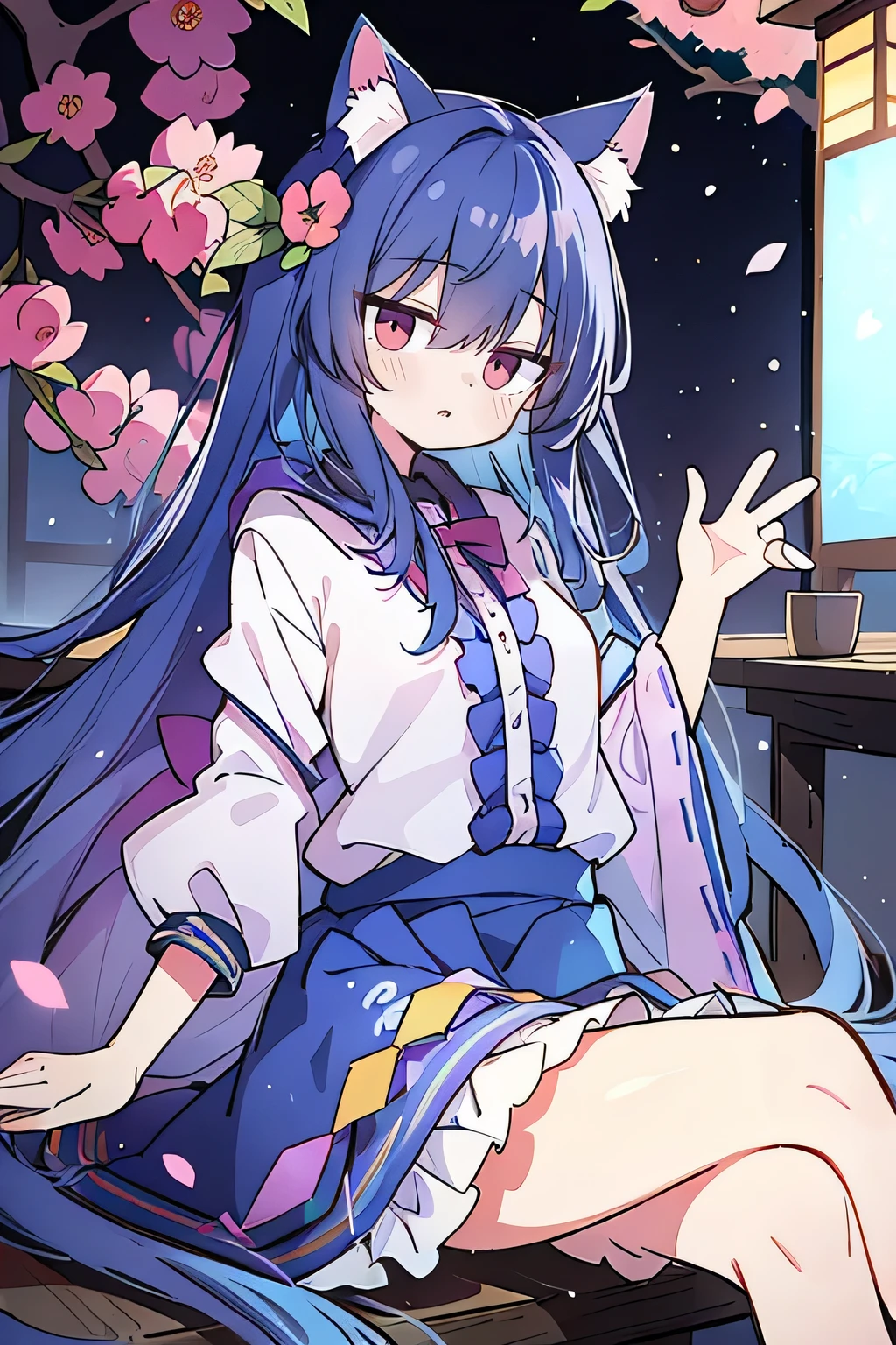 A masterpiece, super detailed, lifelike, expressive eyes, fair skin, perfect face shape, 1 girl, Japanese comics, gorgeous blue flowing hair, flowing clothes, cat ears, petals fall, beautiful loli, baby angel, crossed legs, gentle and peaceful background, the pavilion is cool and comfortable, smiling, wearing a hoodie, background of Tokyo, back views, snowing, winter