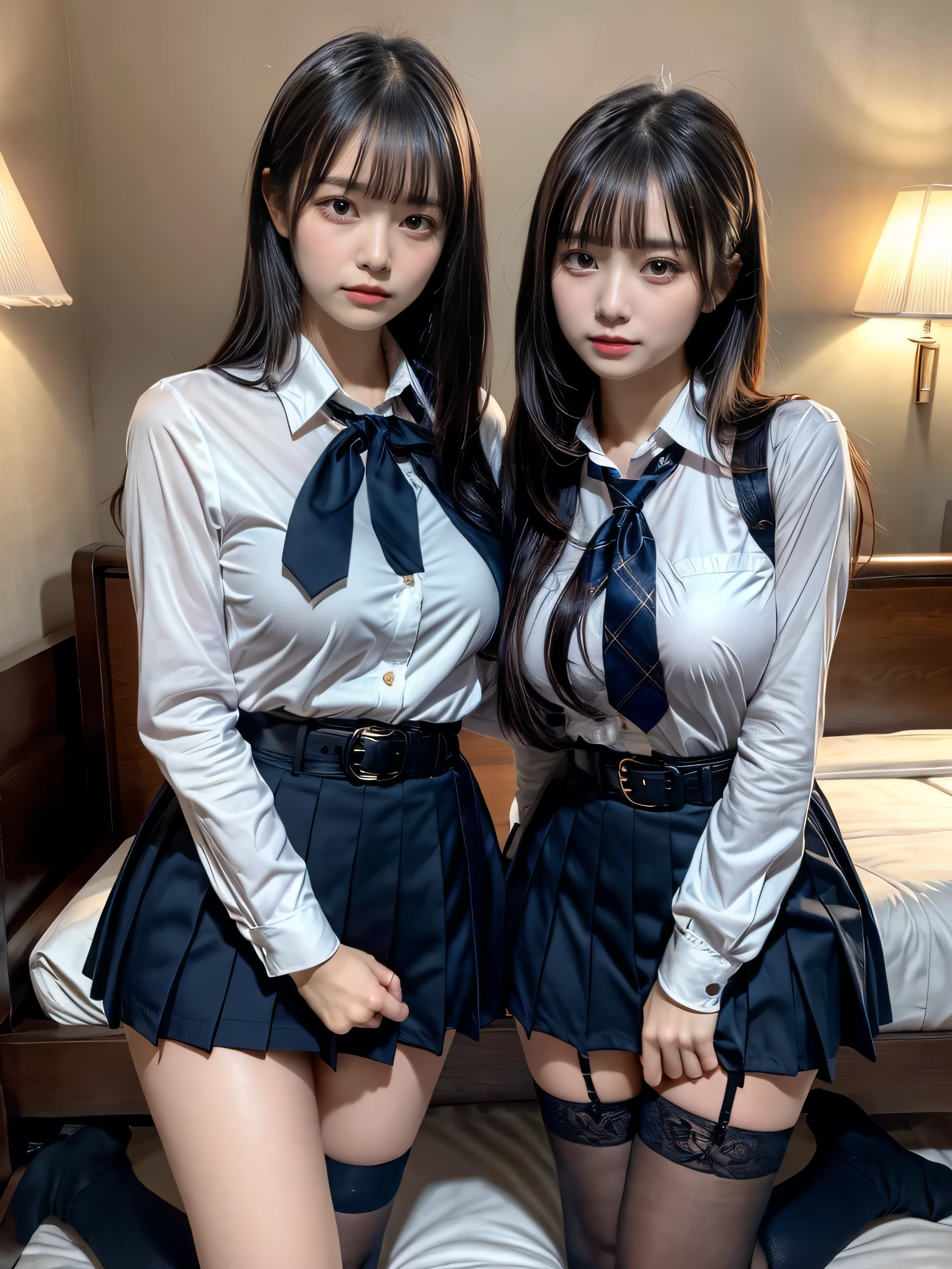 (8K, Raw photography, top-quality, ​masterpiece:1.2), muster piece, best quality, illustration, Super detailed, fine details, High resolution, 8K,wall paper, perfect dynamic composition,(Details High quality, realistic depiction of eyes:1.3), ((2 girls, 2 schoolgirls)), The background is a luxury hotel room、High school girl uniform、blazer 、Super Short Check Uniform Skirt、Navy blue high socks、garterbelts、Colossal tits、Disturbed uniform, Play with each other,Touching each other's bodies,Touching the body of the girl next door, short bob hair, black hair color, huge breasts, Big Natural Color Lip, bold sexy pose, (perfect body shape), crying a little、cold gaze, Beautiful makeup,glitter makeup,Cutest 18 years old、 beautiful legs, hposing Gravure Idol, Voluptuous thighs