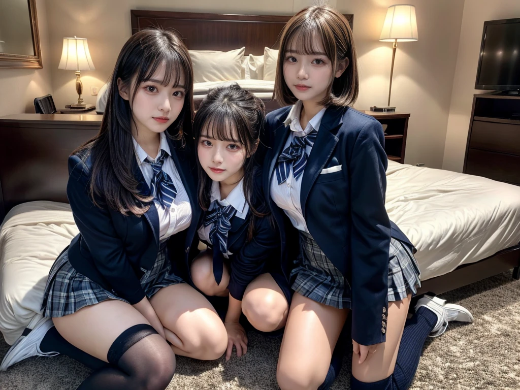 (8K, Raw photography, top-quality, masterpiece:1.2), master piece, best quality, illustration, Super detailed, fine details, High resolution, 8K,wall paper, perfect dynamic composition,(Details High quality, realistic depiction of eyes:1.3), ((2 girls, 2 girls)), The background is a luxury hotel room、High school girl uniform、blazer 、Super Short Check Uniform Skirt、Navy blue high socks、garterbelts、Colossal tits、Disturbed uniform, Play with each other,Touching each other's bodies,Touching the body of the girl next door, short bob hair, black hair color, huge breasts, Big Natural Color Lip, bold sexy pose, (perfect body shape), crying a little、cold gaze, Beautiful makeup,glitter makeup,Cutest 18 years old, beautiful legs, hposing Gravure Idol, Voluptuous thighs