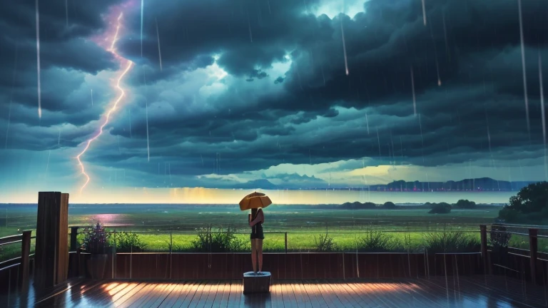 ((melhor qualidade)), ((OCreate a serene and calming image of a rainstorm in a tranquil setting. Below are guidelines to help craft this soothing scene:bra de arte)), (detalhado), rosto perfeito