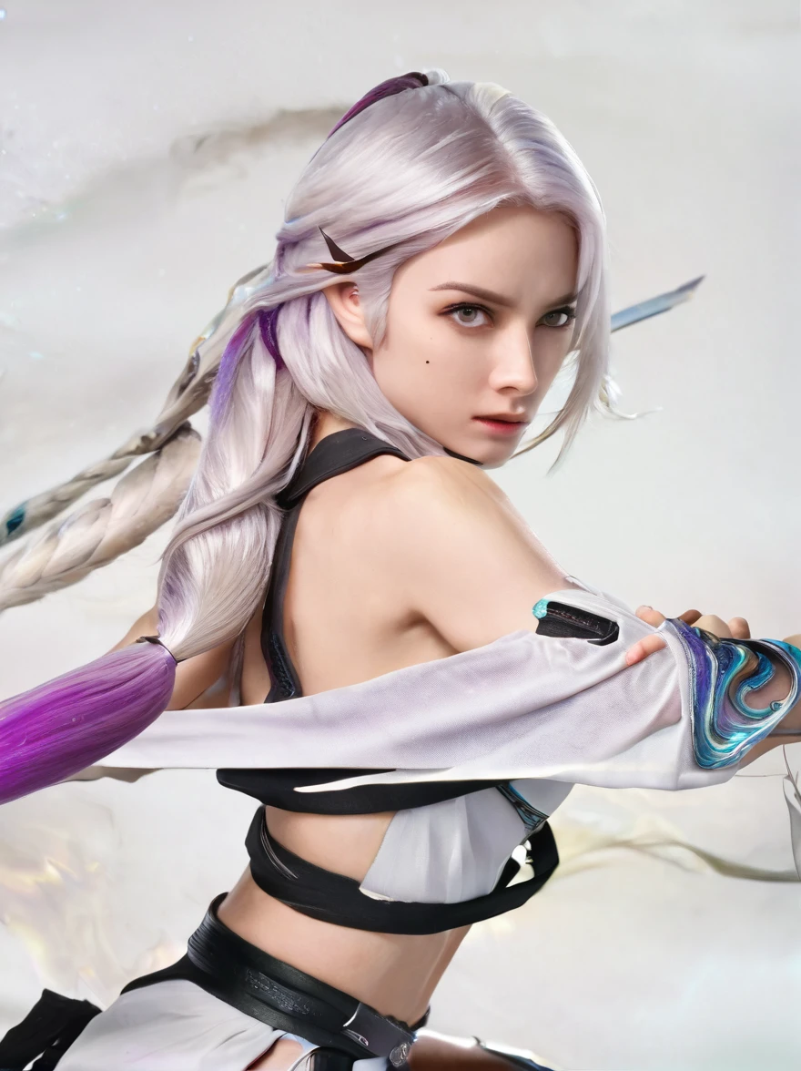 1 Girl，1 boy，(Swords meet swords)，Face to face combat，Purple Hair，Purple Eyes，Very long hair，white hair，Ponytail，panoramic，whole body，The figure is located in the center，, (Ultra HD, masterpiece, precise, Anatomically correct, best quality, 8K), 1yj1