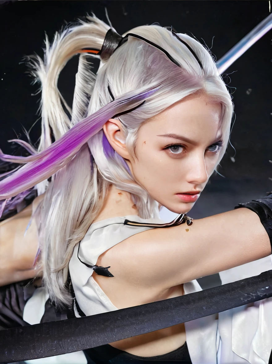 1 Girl，1 boy，(Swords meet swords)，Face to face combat，Purple Hair，Purple Eyes，Very long hair，white hair，Ponytail，panoramic，whole body，The figure is located in the center，, (Ultra HD, masterpiece, precise, Anatomically correct, best quality, 8K), 1yj1