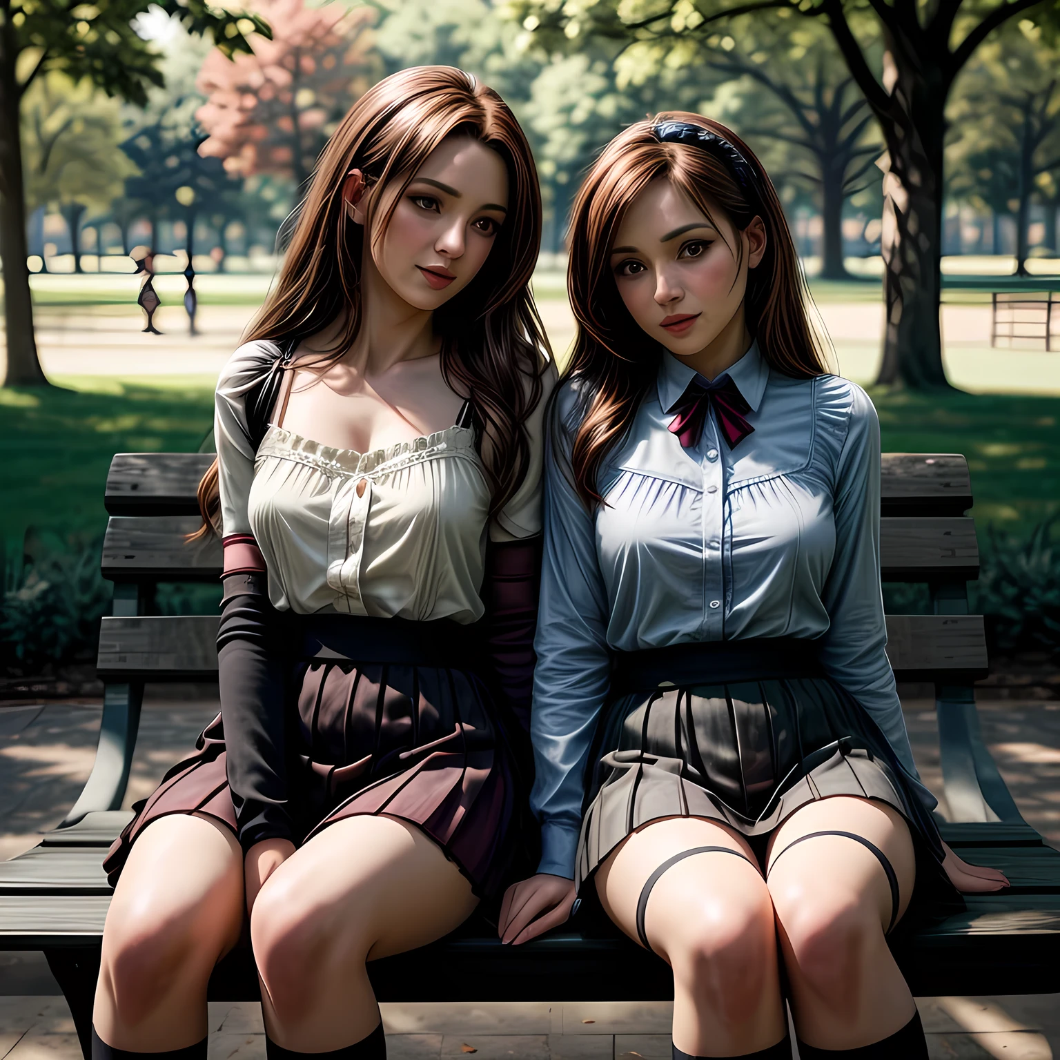 2 mature females, short skirts, long stocking with garter, sitting on bench at the park, daylight, (covered nipples:0.3), photo, photorealistic, photorealism