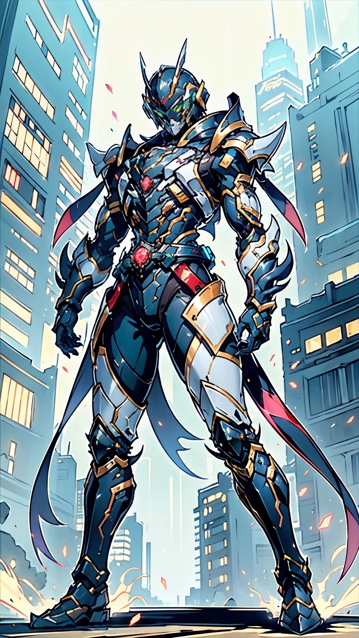 A man wearing a full-face helmet, a fantasy-style biotech armored combat suit, green eyes, (a composite layered chest armor), fully enclosed shoulder guards, matching arm and leg guards, the belt is adorned with cross, (the color scheme is primarily white with golden and blue accents), the design balances heavy with agility, a high-tech bio-mecha armor, (Armor Concept Inspired by Paladin, stand on the top of a skyscraper in a futuristic sci-fi city), this character embodies a finely crafted fantasy-surreal style armored hero in anime style, exquisite and mature manga art style, (battle damage, element, plasma, energy, the armor glows), ((male:1.5)), metallic, real texture material, dramatic, high definition, best quality, highres, ultra-detailed, ultra-fine painting, extremely delicate, professional, perfect body proportions, golden ratio, anatomically correct, symmetrical face, extremely detailed eyes and face, high quality eyes, creativity, RAW photo, UHD, 32k, Natural light, cinematic lighting, masterpiece-anatomy-perfect, masterpiece:1.5